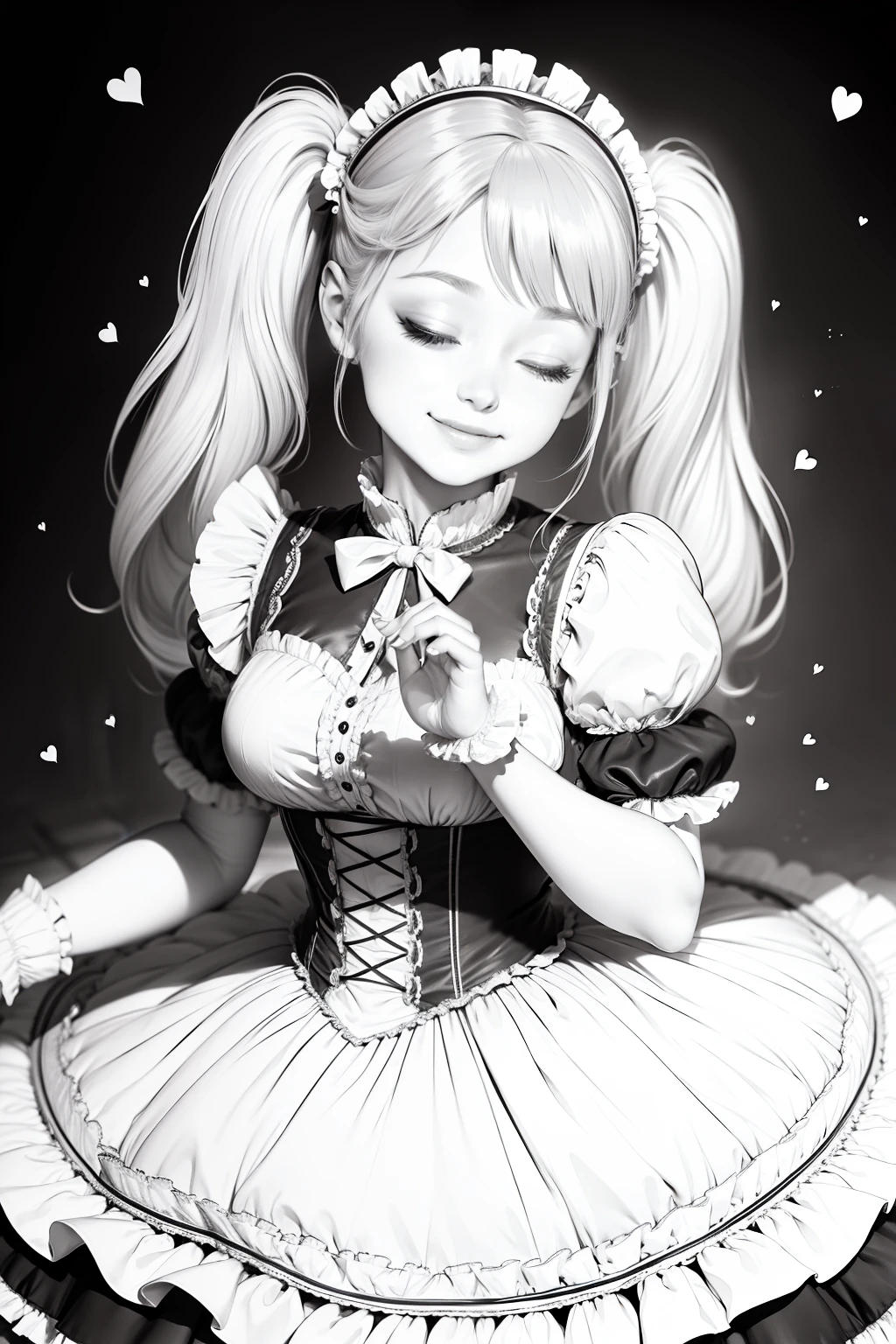 masterpiece, best quality, 1girl, smile, one eye closed, dutch angle, twintails, cowboy shot, maid dress, heart hands, lineart, monochrome, maid headdress,