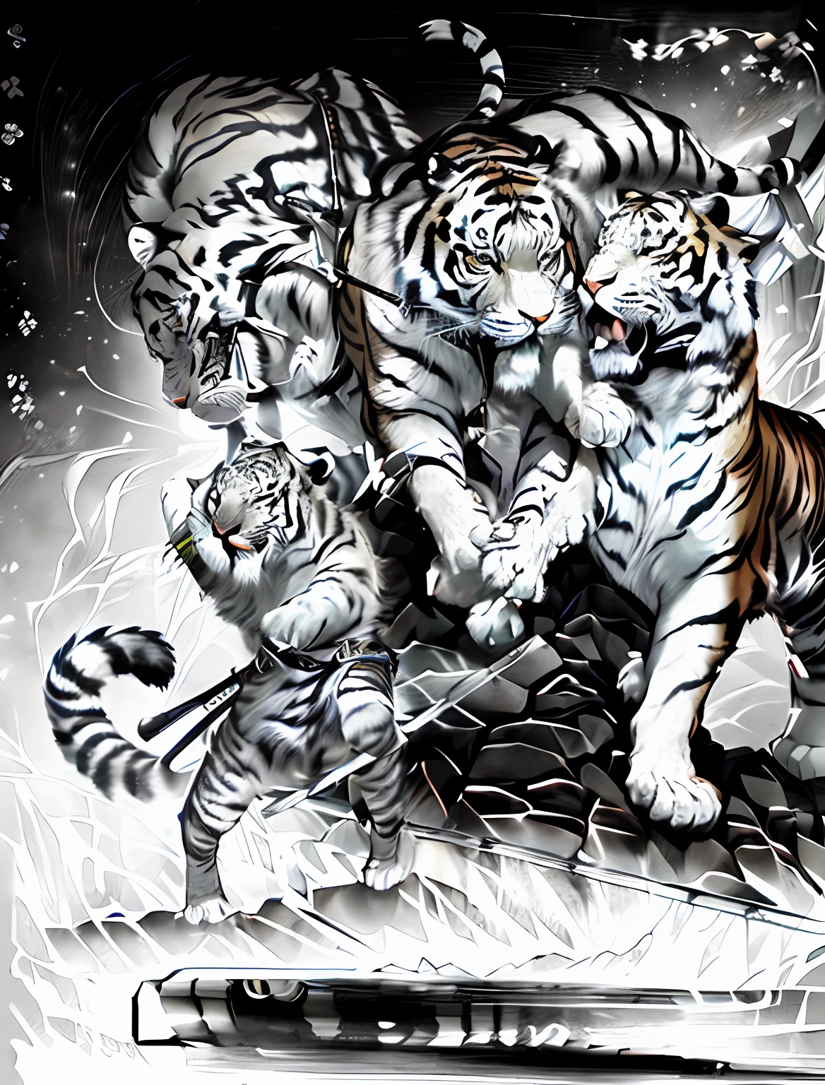 there are three tigers standing on a platform with a man in the background, a Warrior battling a tiger, tigers, high detailed official artwork, tiger_beast, white tiger, by Kanō Tan'yū, shohei otomo, cosmic tiger, inspired by Noriyoshi Ohrai, ((tiger)), feng zhu |