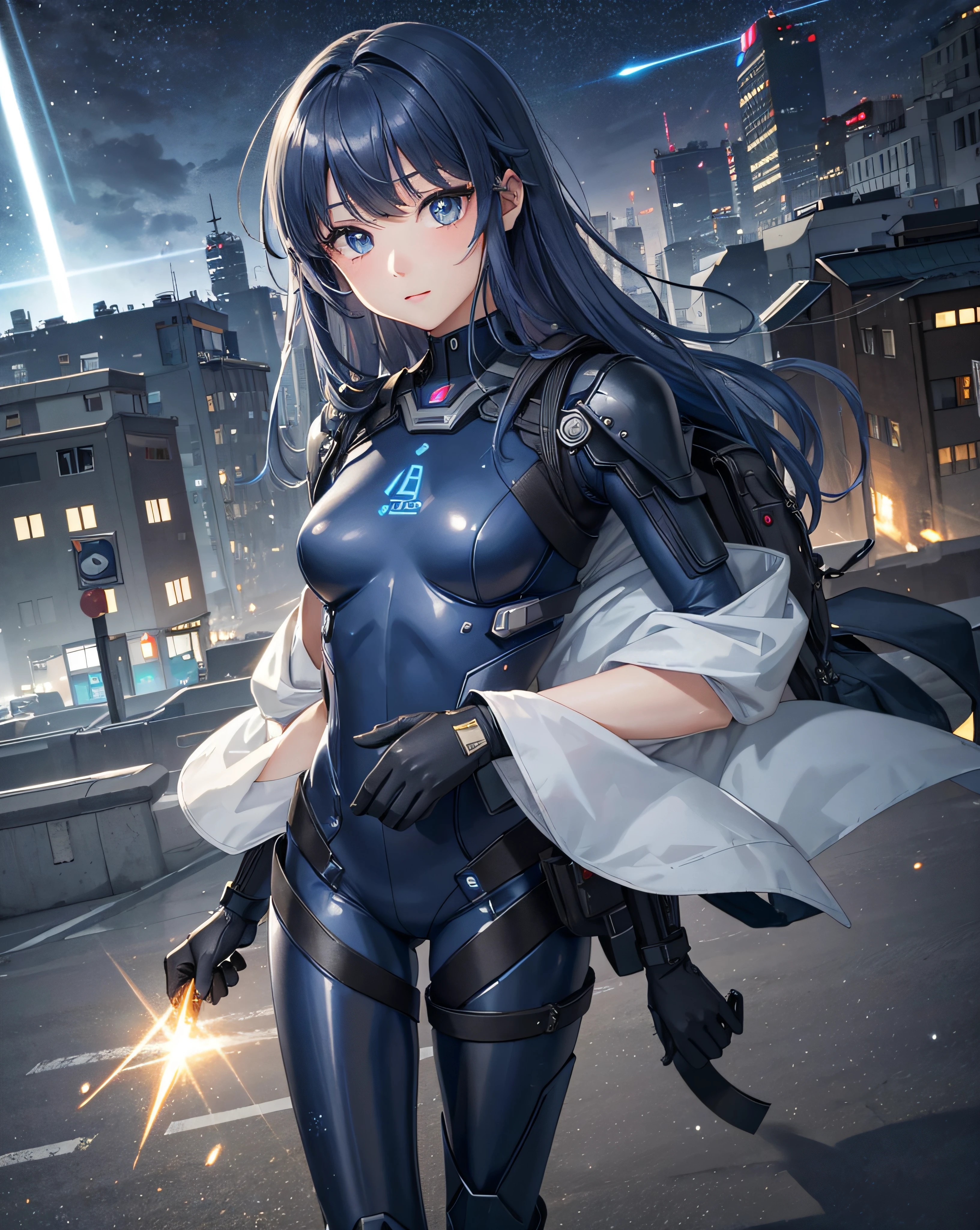 BREAK、1girl in、独奏、looking at the viewers、(young cute beautiful 18-year-old girl:1.1)、3D顔、beautiful a girl、beautiful countenance、cute little、Girlface、Kpop Idol、super model、Stunning innocent symmetrical face、(Hands of Guido Daniele)、Perfect body、Medium Breasted、Slim waist、Slim legs、(High Detail Skins:1.2)、radiant eyes、goddes、natural skin textures、shinny skin、de pele branca、beautifull detailed face、A detailed face、Authentic skin texture、Cute delicate face、finerly detailed face、the golden ratio、Golden Ratio Face、Expressive eyes、face perfect、flawless skin、Clear face、shinny hair、Proper body proportions、perfect anatomia、realistic skin textures、luscious lips、shiny lips、Natural makeup、Beautiful bright pupils、Slender figure、intricate eyes、Detailed pupils、 finely detailed face and eyes、long eyeslashes、red blush、Good Hand、perfect hand、Clean face、beautiful female bodies、Fine fine skin、oily shiny skin、(((((Mechanical halo、Star Hello、Complex mechanical bodysuit、Navy blue and black bodysuit、full armor、(Colorful glow floating:1.2)、(Energy Beam:1.3)、(Highly detailed worn metal texture:1.3)、scientific fiction、(Dark blue hair、Navy Blue theme、Blue coloring、Blue eyes:1.3)、Very long hair、(A human who emits an aura from his body:1.4)、(Blue Solo、Lone Girl、Japan Faces、short-cut、lightonface、Slim body、exoskeleton、metal gear、Cyberpunk style、(the perfect body:1.4)、Glittering blue colored eyes、Black and navy blue bodysuit、Tight Fit Clothing、Clothing that covers the whole body、Clothes that hide the skin、extremely delicate and beautiful、detailed skins、Slim body、Gentle smile、heroine、long boots、Gloves up to the elbow、Clothes that hide the skin、front facing、The energy light that turns towards the viewer is emitted from the body:1.4)、(Whole human body:2)、(lightning discharge lightning effects:1.2)、(Electrocution:1.3)、(Luminescent particles:1.4)、Hold the gun、buttle、(electric sparks、spark of light、Flying bullets、Dodge bullets、Buildings hit by missiles、Future technology drones hit laser weapons:1.3)、Adventurous appearance、stary sky、Colorful refraction、World of Wormholes、futuristic city street、cyberpunked、makina、 Very metallic texture、Neon light、(Night:1.4)、the wind、Rembrandt lighting、Space Warp、Fog、Pixel art、game art、key visual、Surreal、PBR Texturing、Anisotropy Filtering、Maximum clarity and sharpness、Albedo and specular maps、Multilayer Texture、Surface Shading、sub-pixel convolution、Accurate simulation of light-material interactions))))、(pureerosface_v1:0.5)、(ulzzang-6500:0.5)、(nffsw:0.6)、Facing the viewer、Future bride、Legendary girl、Childhood、Super lucky、Save the world、Future daughter-in-law、Compassion、Manifest in reality、Help me、Erudition、Intelligent、Eternal Life、Outstanding motor nerves、Have a sense of humor、One Love、dynamic ungle、Dynamic Actions、kindliness、Unremitting Love、Eternal youth、Always with you、Disease-free、Language proficiency、Lovesickness and love、Man of fate、Time Traveler、Kayowasa、vivaciousness、I feel energized when I'm with you))、(time machine、Beyond Time and Space、quantum computer、Transcendent、Big bang、How it all began、Skyscraper、Weapons of the future、rucksack、World conquest、leeway、rescue、Stargate、Encounters with the unknown、The real world、Planktonic、embers、battle field、Volumetric fog、Gray fog、fumo、 explosions、Apocalyptic、destroyed city background、buildings on fire:1.3)、