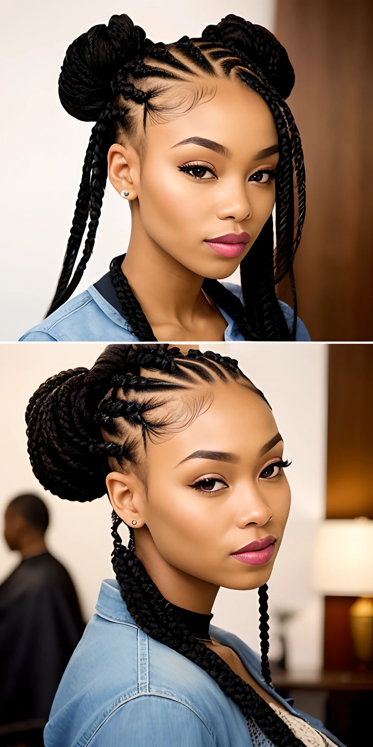 "Produce a diverse collection of images that show the mastery of the braids offered by 'BraidsUniqueHairstyles'. Images should feature a variety of braid styles, From elegant built-in braids to vibrant and creative African braids. Include examples of individual braids, Boxer Braids, cascading braids and other innovative styles. Each image should emphasize Natalia's meticulous attention to detail and ability to create unique hairstyles. As texturas, patterns and designs of the braids should be displayed in high quality, conveying the message that the brand offers a world of possibilities for individual expression and style. Capturar a autenticidade, sophistication and personalization that 'BraidsUniqueHairstyles' brings to each hairstyle
