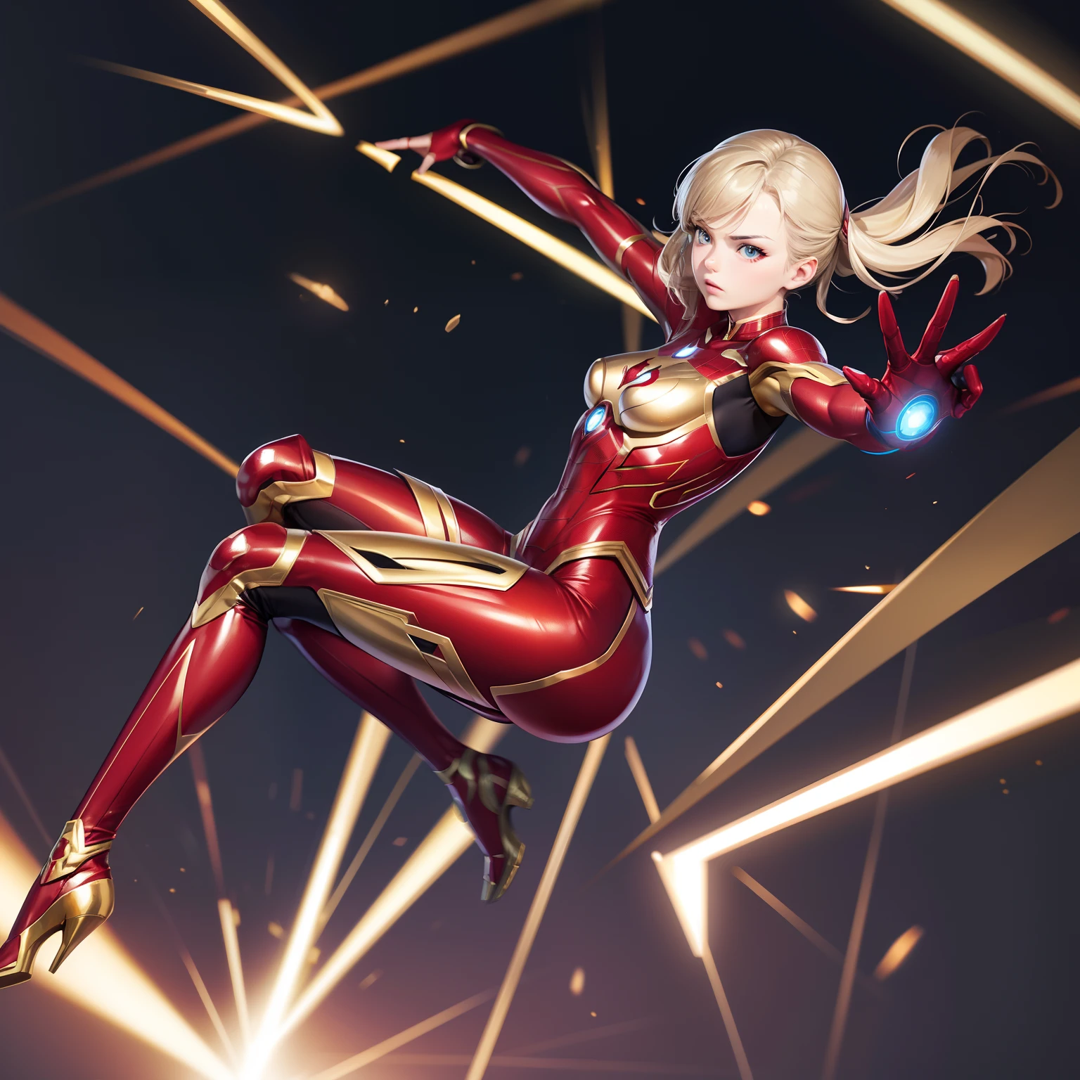 spiderwoman real face Bodysuit with gold and silver motif 18year old Only one person Variety of poses Realistic depiction Photoquality No blurring combat scene ironman (((4 red metal legs))) (sharp fingers:5-Fingers) Flying threads