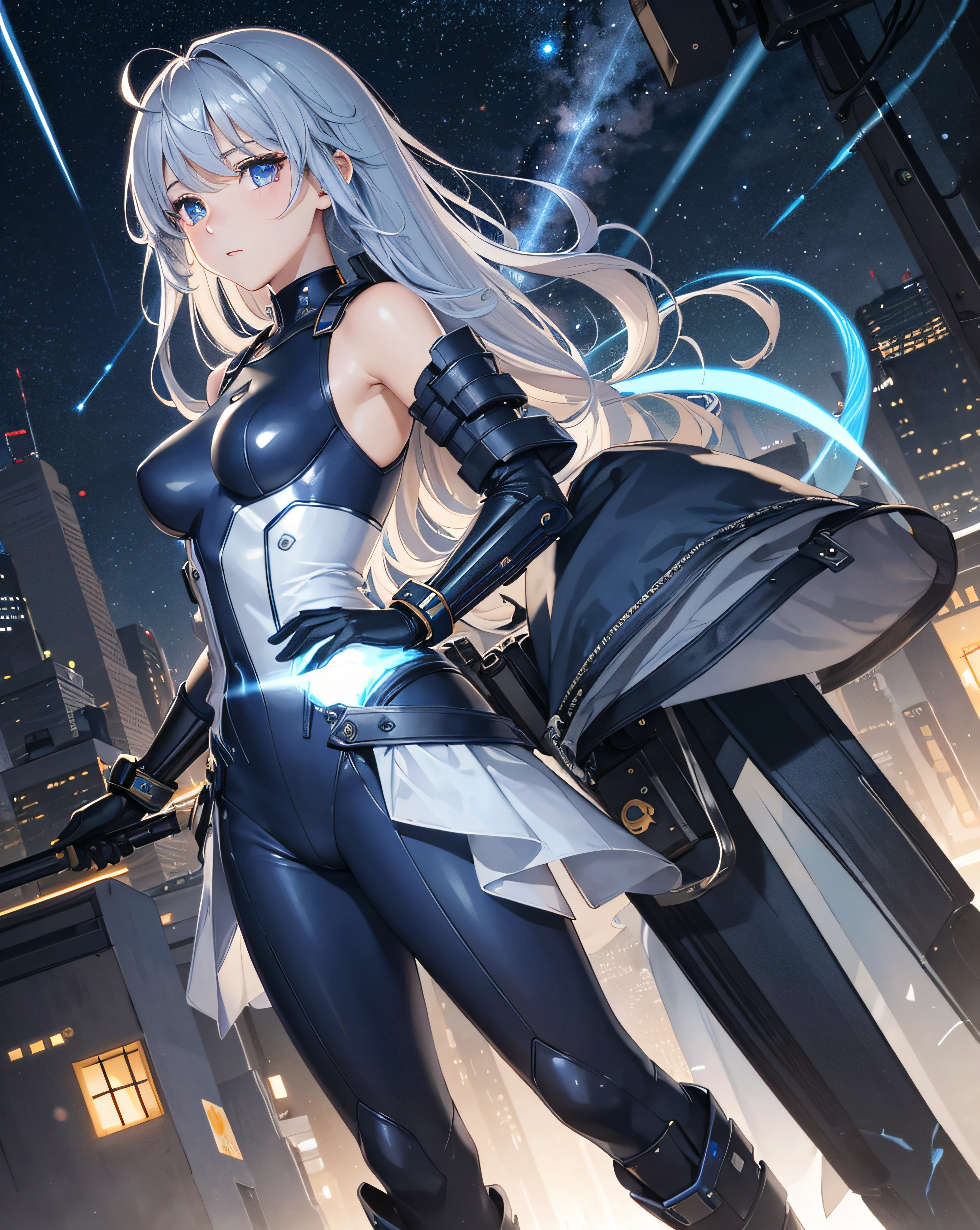 BREAK、1girl in、独奏、looking at the viewers、(young cute beautiful 18-year-old girl:1.1)、3D顔、beautiful a girl、beautiful countenance、cute little、Girlface、Kpop Idol、super model、Stunning innocent symmetrical face、(Hands of Guido Daniele)、Perfect body、Medium Breasted、Slim waist、Slim legs、(High Detail Skins:1.2)、radiant eyes、goddes、natural skin textures、shinny skin、de pele branca、beautifull detailed face、A detailed face、Authentic skin texture、Cute delicate face、finerly detailed face、the golden ratio、Golden Ratio Face、Expressive eyes、face perfect、flawless skin、Clear face、shinny hair、Proper body proportions、perfect anatomia、realistic skin textures、luscious lips、shiny lips、Natural makeup、Beautiful bright pupils、Slender figure、intricate eyes、Detailed pupils、 finely detailed face and eyes、long eyeslashes、red blush、Good Hand、perfect hand、Clean face、beautiful female bodies、Fine fine skin、oily shiny skin、(((((Mechanical halo、Star Hello、Complex mechanical bodysuit、Navy blue and black bodysuit、full armor、(Colorful glow floating:1.2)、(Energy Beam:1.3)、(Highly detailed worn metal texture:1.3)、scientific fiction、(Dark blue hair、Navy Blue theme、Blue coloring、Blue eyes:1.3)、Very long hair、(A human who emits an aura from his body:1.4)、(Blue Solo、Lone Girl、Japan Faces、short-cut、lightonface、Slim body、exoskeleton、metal gear、Cyberpunk style、(the perfect body:1.4)、Glittering blue colored eyes、Black and navy blue bodysuit、Tight Fit Clothing、Clothing that covers the whole body、Clothes that hide the skin、extremely delicate and beautiful、detailed skins、Slim body、Gentle smile、heroine、long boots、Gloves up to the elbow、Clothes that hide the skin、front facing、The energy light that turns towards the viewer is emitted from the body:1.4)、(Whole human body:2)、(lightning discharge lightning effects:1.2)、(Electrocution:1.3)、(Luminescent particles:1.4)、Hold the gun、buttle、(electric sparks、spark of light、Flying bullets、Dodge bullets、Buildings hit by missiles、Future technology drones hit laser weapons:1.3)、Adventurous appearance、stary sky、Colorful refraction、World of Wormholes、futuristic city street、cyberpunked、makina、 Very metallic texture、Neon light、(Night:1.4)、the wind、Rembrandt lighting、Space Warp、Fog、Pixel art、game art、key visual、Surreal、PBR Texturing、Anisotropy Filtering、Maximum clarity and sharpness、Albedo and specular maps、Multilayer Texture、Surface Shading、sub-pixel convolution、Accurate simulation of light-material interactions))))、(pureerosface_v1:0.5)、(ulzzang-6500:0.5)、(nffsw:0.6)、Facing the viewer、Future bride、Legendary girl、Childhood、Super lucky、Save the world、Future daughter-in-law、Compassion、Manifest in reality、Help me、Erudition、Intelligent、Eternal Life、Outstanding motor nerves、Have a sense of humor、One Love、dynamic ungle、Dynamic Actions、kindliness、Unremitting Love、Eternal youth、Always with you、Disease-free、Language proficiency、Lovesickness and love、Man of fate、Time Traveler、Kayowasa、vivaciousness、I feel energized when I'm with you))、(time machine、Beyond Time and Space、quantum computer、Transcendent、Big bang、How it all began、Skyscraper、Weapons of the future、rucksack、World conquest、leeway、rescue、Stargate、Encounters with the unknown、The real world、Planktonic、embers、battle field、Volumetric fog、Gray fog、fumo、 explosions、Apocalyptic、destroyed city background、buildings on fire:1.3)、