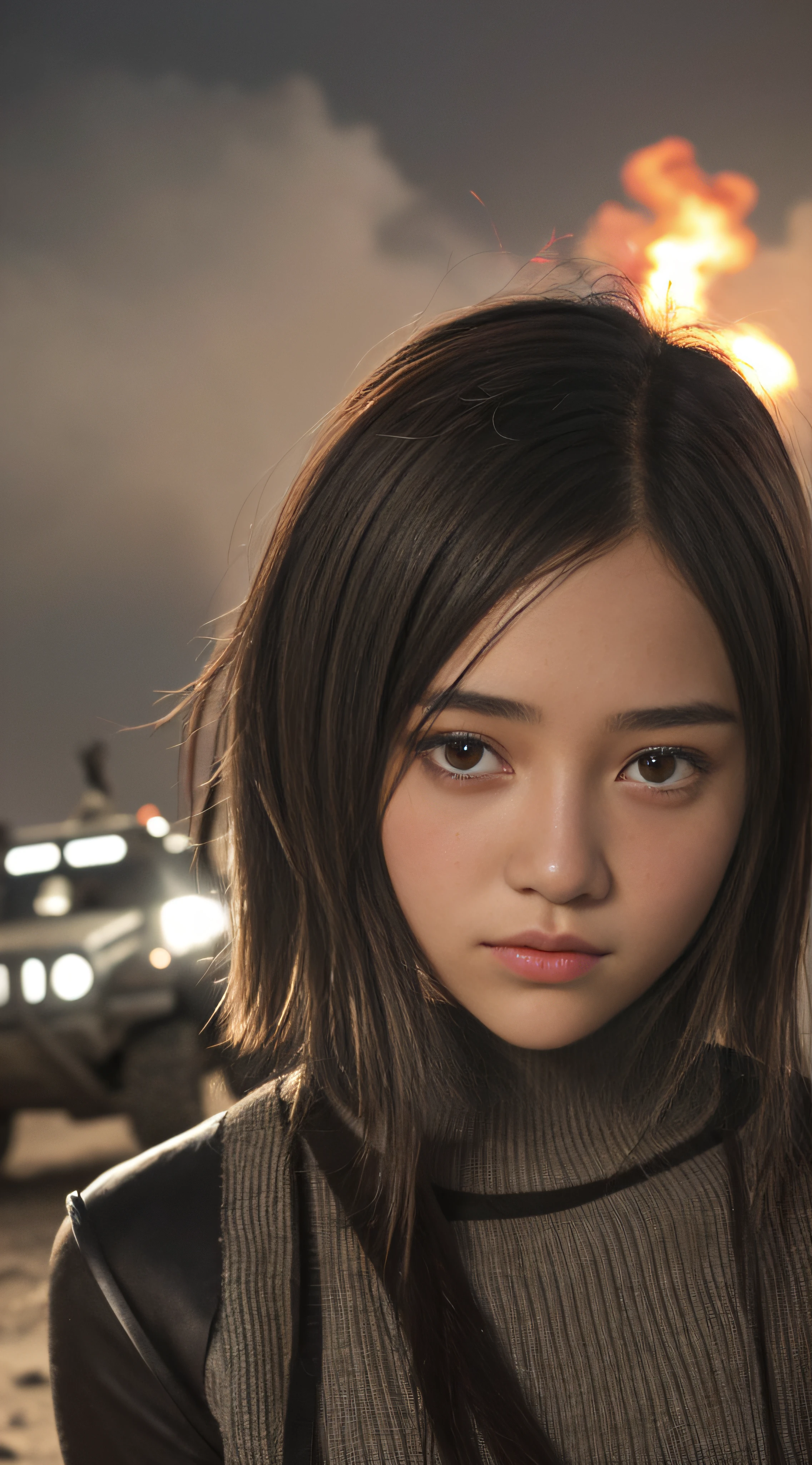 19 year old girl,8K,tmasterpiece,best qualtiy,Ultimate realism,(A girl stands on the battlefield),The smoke is thick,There is a lot of war,(city ruins),(Abandoned armored vehicles),1girll,(Wearing armed uniforms),Background bokeh,the night,She was injured,closeup of face