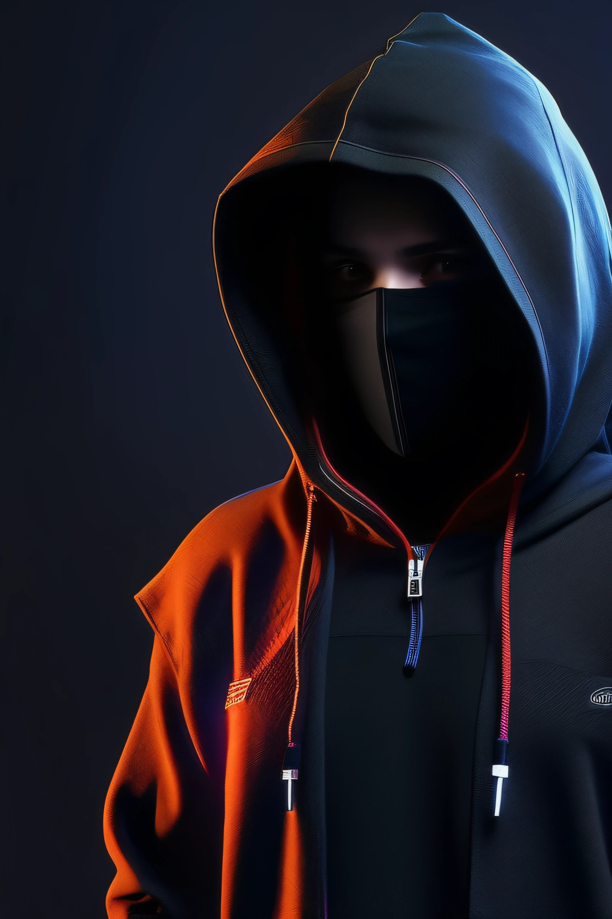 An individual with a mysterious appearance is standing in a dark space, The backlighting highlights the outline of your hood and the object you hold – a weight that symbolizes the complex nature of your mission. The environment is full of computer screens and digital elements, sugerindo habilidades de hacker, 3D-rendering, software de modelagem 3D