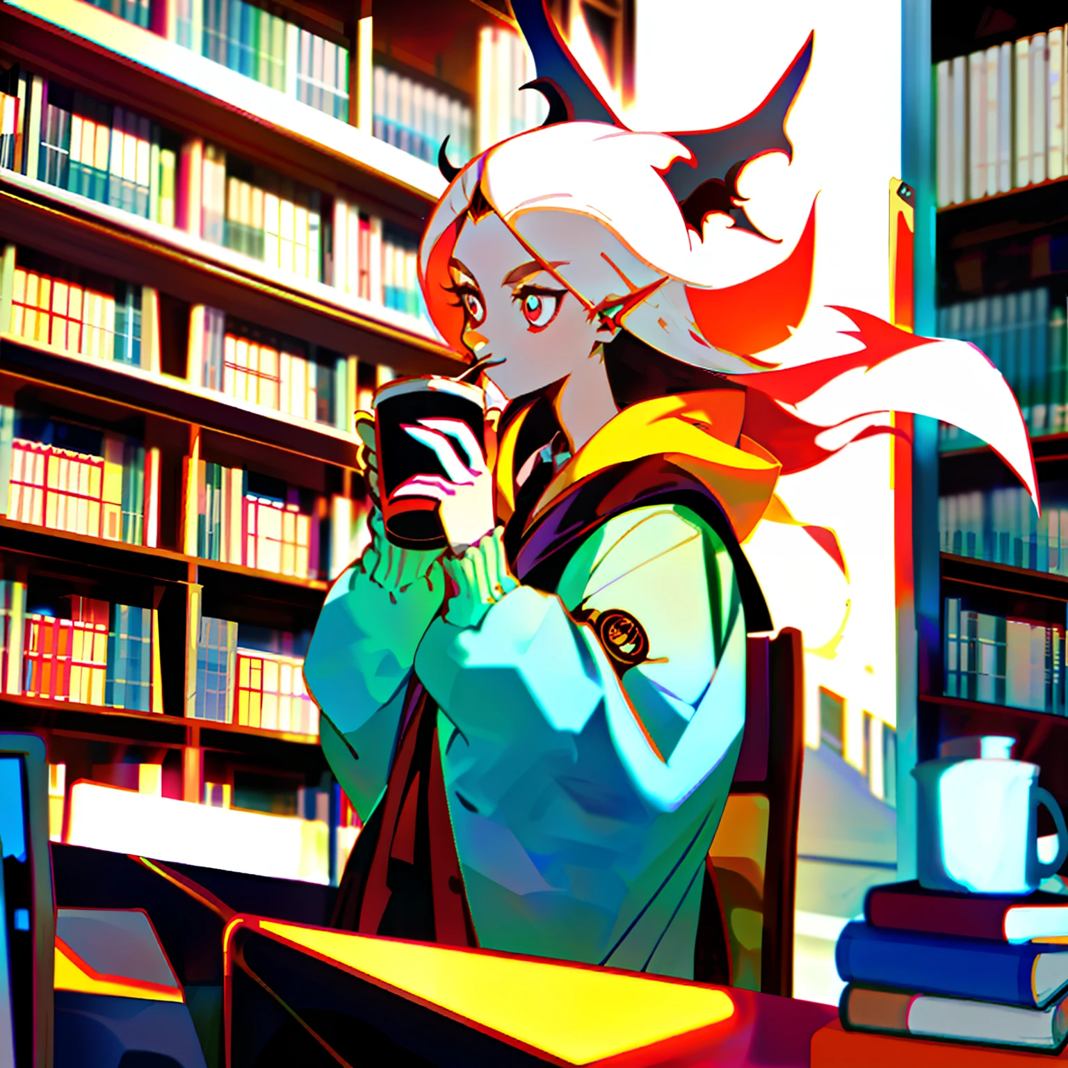 Beast Girl，drinking a coffee，in library