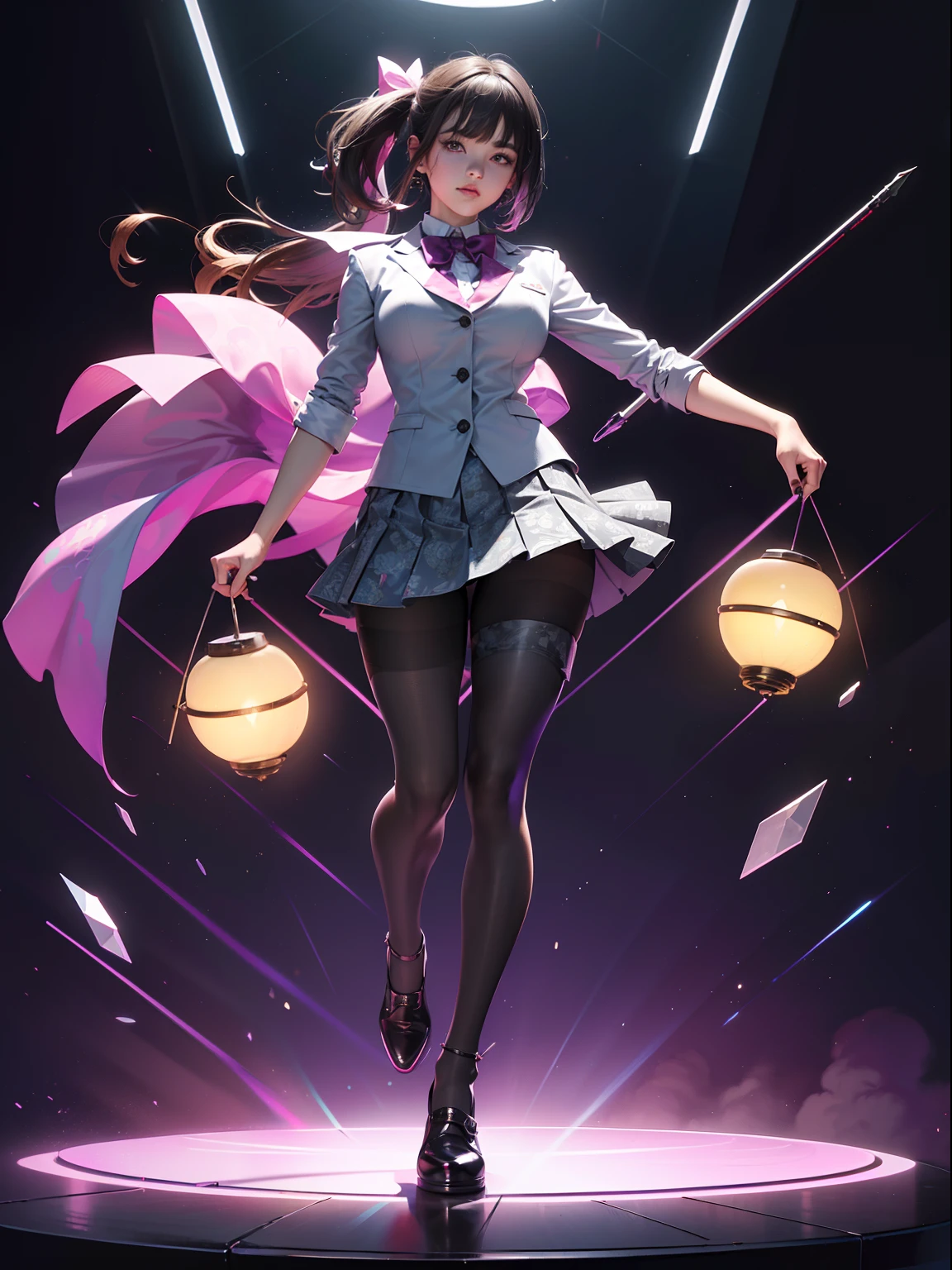 (full body:1.5),(1girl:1.3),(looking at viewer:1.4),(anatomy correct:1.3),(In the paradise of the day:1.3),(Wearing Very thick Printed Pantyhose and hulk suit Set JK uniform printed Ultra short pleated skirt and JK uniform leather shoes with bow decoration :1.3), (A high jump posture:1.3),(In pink|amarelo|blue colors|green color|red colour|white colors|black in color|purpleish color|greys|Beige|Flesh color 1.4),(Glowing eyes:1.3),(Accurate and perfect face:1.4),(Clothing Gloss:1.25),(Skin reflection:1.25),hyper HD, Ray traching, reflective light,structurally correct, Award-Awarded, high detal, lightand shade contrast, Face lighting,cinmatic lighting, tmasterpiece, super detailing, high high quality, high detal, best qualityer, 16k,high contrast,