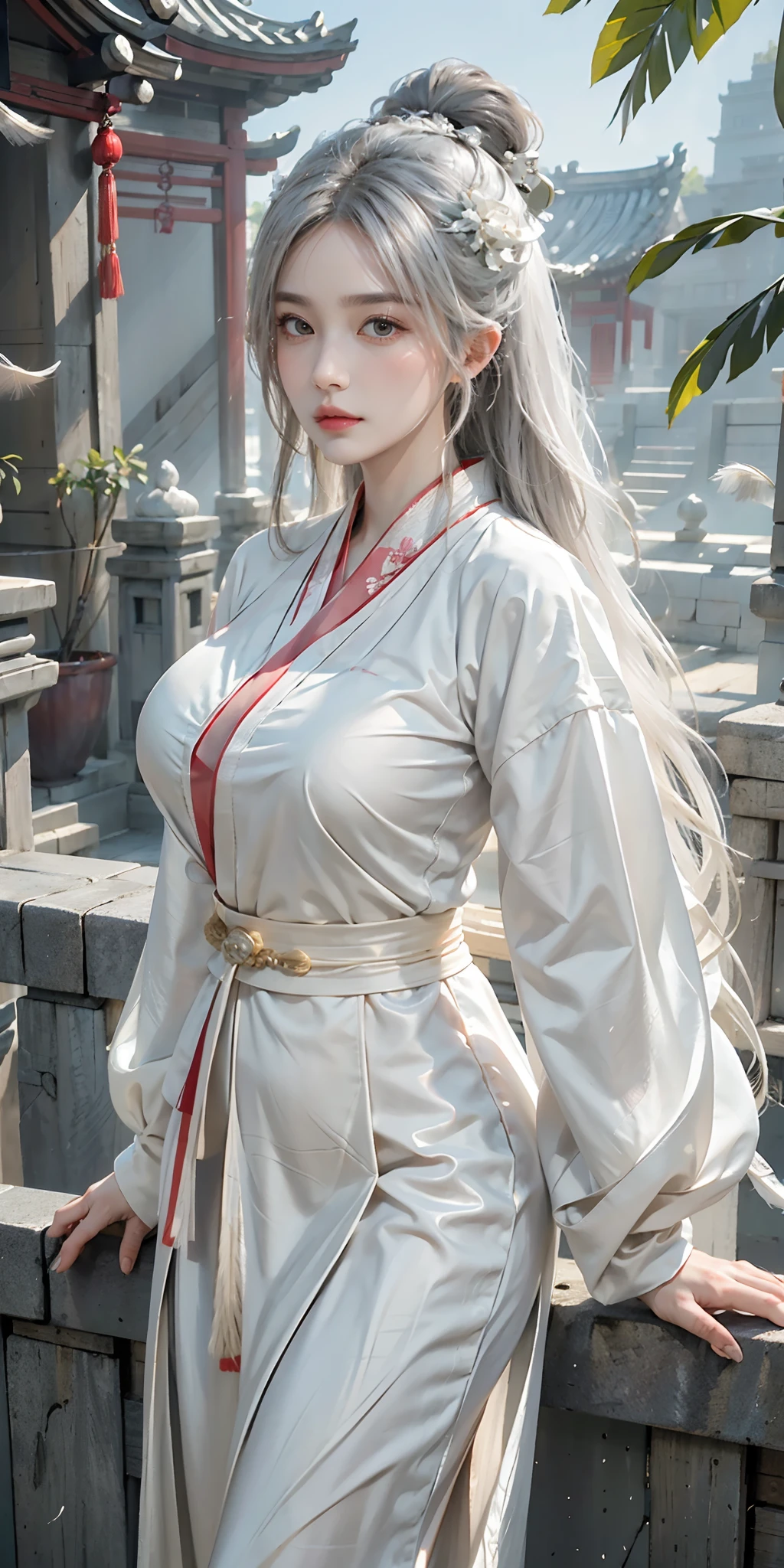 ((masterpiece, best quality)), 1girl, ((mature female)), (big breasts),white longhair, floating hair, hair ornamen, (hanfu), ((clothes made of feathers)), kimono, (summer), (dragon girl), sunlight, (detailed light), lighting, (colorful), looking at viewer, chinese style architecture background, special features,(bloom), (shine)