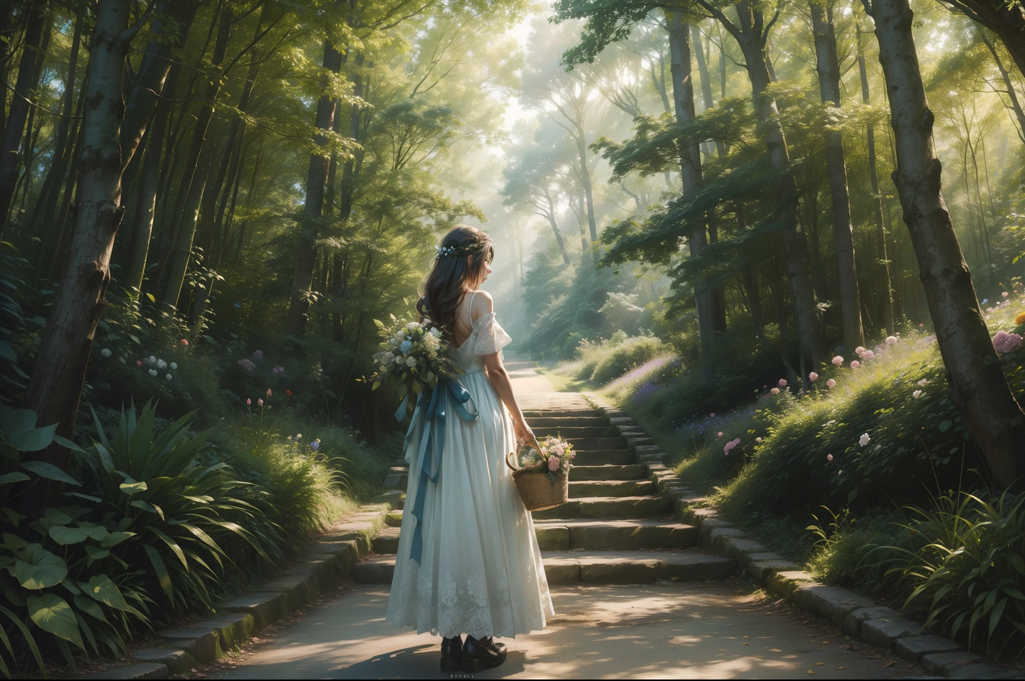 Back view of a girl ascending an slight slope through a forest. She holds a basket of flowers. Conservative dressed. Hair on the wind. Rays of light filtering through the trees. Green trees intertwin their branches over the path. Bushes and some flowery plants under the trees. Colourful image. Highly detailed. Ray traicing.