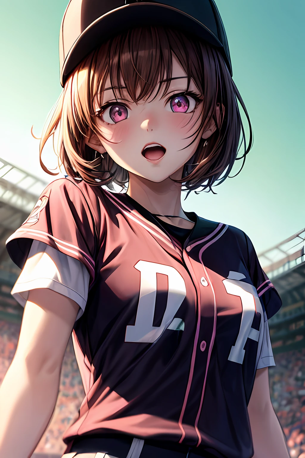 (anime, tone mapped:1.2), 1 girl, marching, pink eyes, black baseball cap, black baseball uniform, brown hair, open mouth, blush, green background, looking at viewer, shirt, short hair, baseball ground, upper body, (symmetric), (exceptional, best aesthetic, new, newest, extremely detailed:1.2), best quality, masterpiece, from below