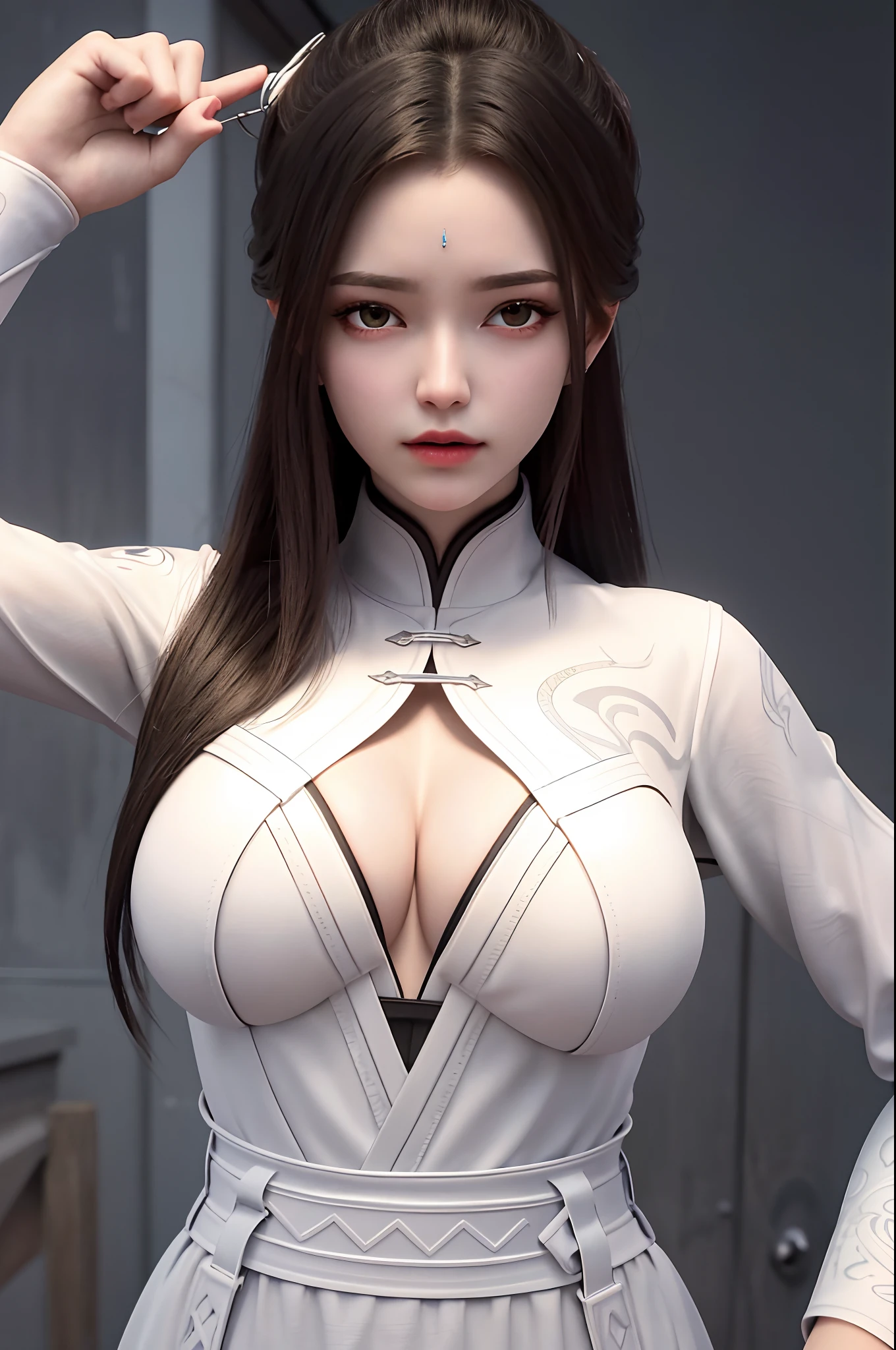 best quality,highres, high resolution, 4k, 8k,3d rendering, weak light, physically-based rendering,masterpiece, (upper body), 1 girl, luxueqi, solo, looking at viewer, huge breast, breasts out,