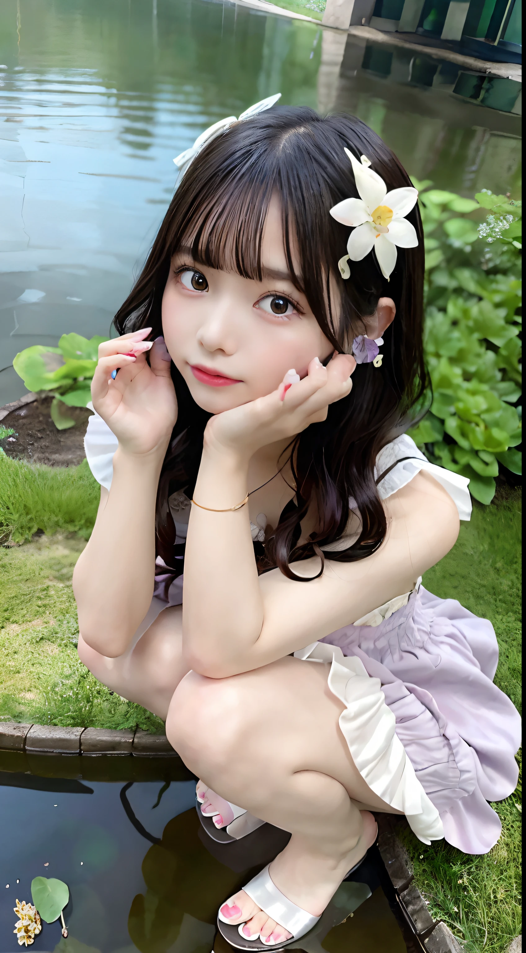 masterpiece, best quality,
1girl, black hair, blush, butterfly, hair ornament, dress, bare feet, flower, hair ornament, medium breasts, leaf, plant, puddle, purple eyes, short hair, squatting, toes, water, wet clothes, blue fashion dress ,
cloud, cloudy sky, building, blue sky, depth of field,
