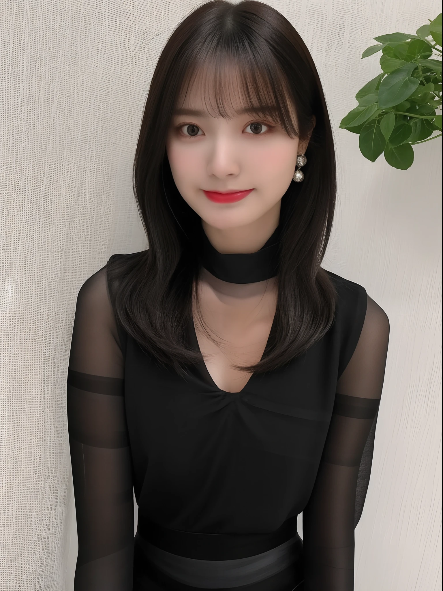 ((Best Quality, 8K, Masterpiece: 1.3)), 1girl, Slim Abs Beauty: 1.3, (Casual hairstyle, Big Breasts: 1.2), Dress: 1.1, Super fine face, Detailed eyes, Double eyelids, smile, Home, Focus, 16k, award-winning photo, extremely detailed, amazing, fine detail, absurd, highly detailed woman, 20 years old, sexy theme, high detail, extremely detailed eyes and face, glare eyes, ((((black pantyhose)))), (short skirt))), realistic, photo of 18 y.o girl in a loose shirt(unbuttoned shirt), half , best quality, big breasts, Bare Shoulders, cleavage, nsfw, [[Hands hidden behind the back]], earrings, Complete shirts, black choker, solo, [sfw],