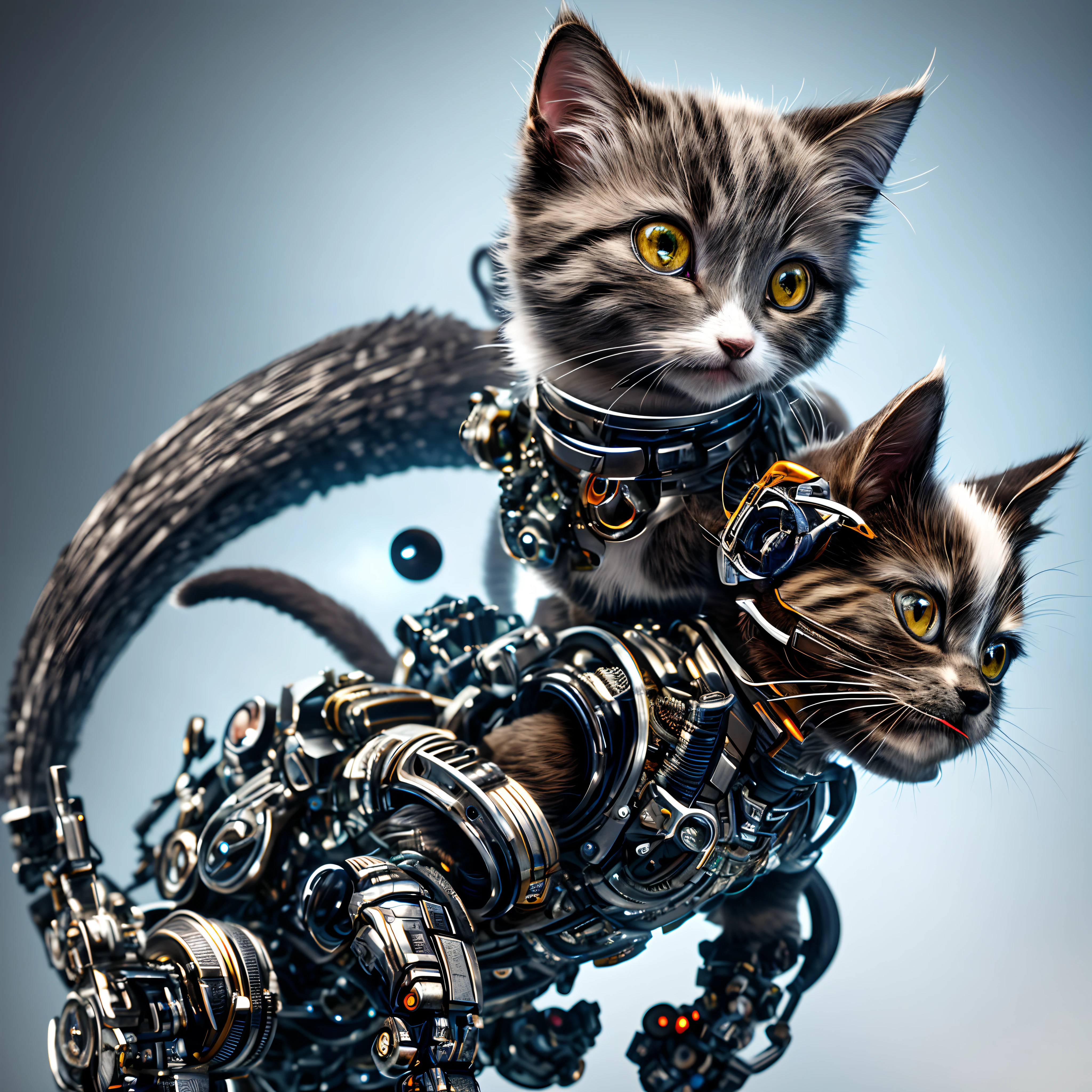 "to8contrast style，A cute smoky kitten made of metal，（cyborg:1.2），（[tail | detailed wire]:1.3），（Complicated details），hdr，（Complicated details，hyperdetailed:1.2），Cinema lenses，vignet，at centre，by Stray game，（The most beautiful portrait in the world：1.5）"