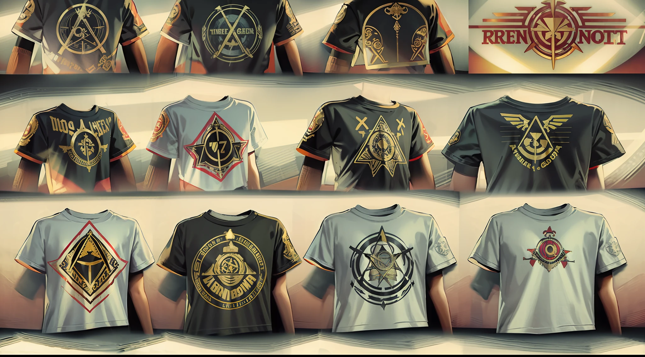 photo-realistic 8k high quality for expensive designer mens t-shirt featuring themes of freemasons, 777, 666, multiple-dimensions, governments and military, goth nightmares, atomic energy, grudge, rock metal alternative, dark colors, studio lighting