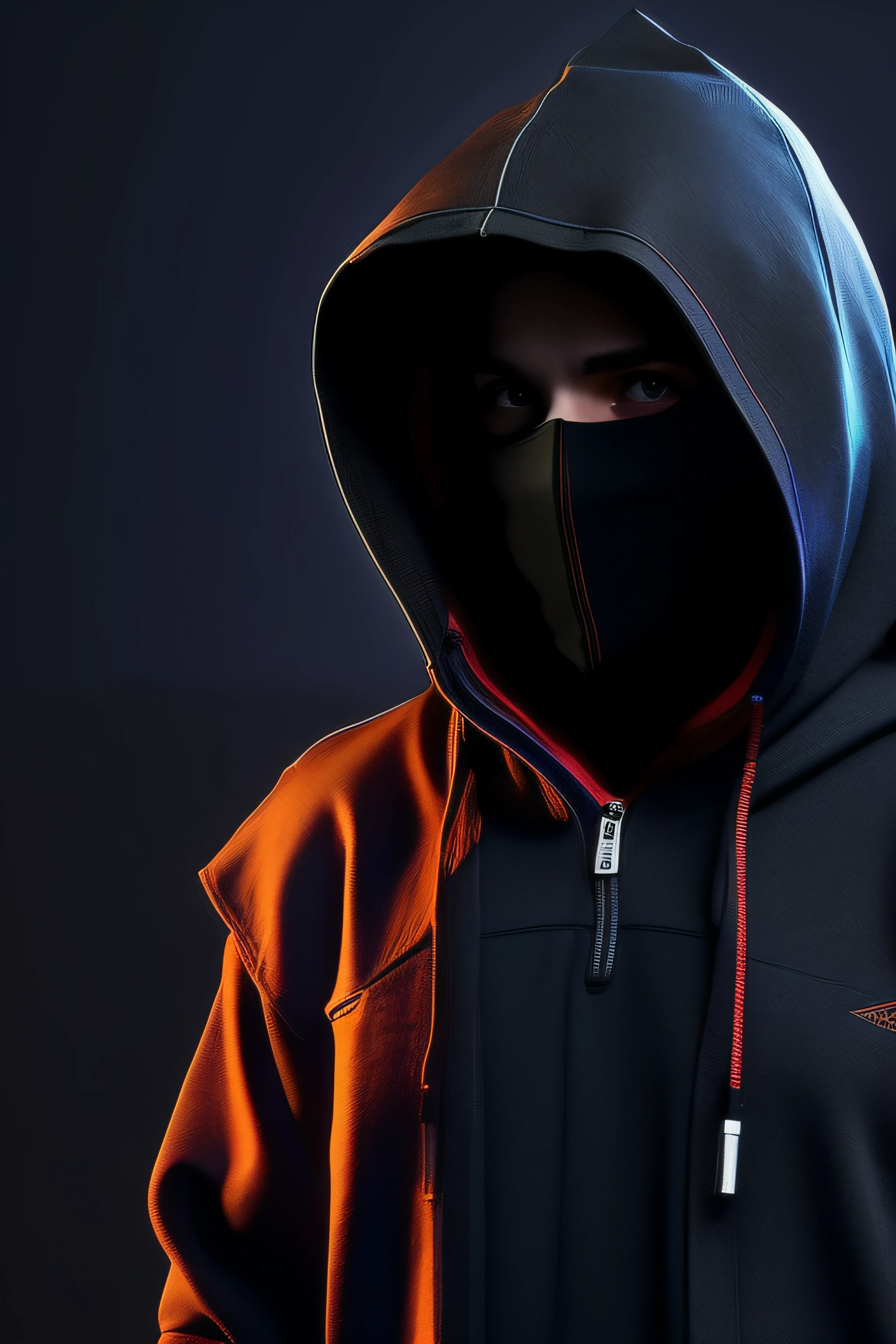 An individual with a mysterious appearance is in a dark space, The backlight highlights the outline of your hood and the object you hold – a weight that symbolizes the complex nature of your mission. The environment is full of computer screens and digital elements, sugerindo habilidades de hacker, 3D-rendering, software de modelagem 3D