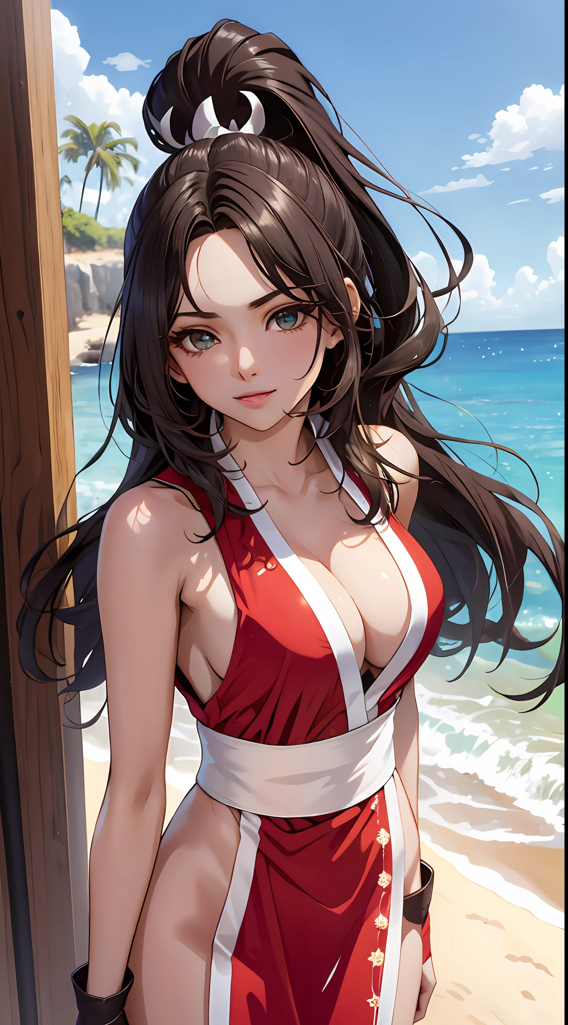 ( Best quality, tmasterpiece:1.5), （Photo above the chest：1.5），Kizi, Beautiful face, Detailed eyes,light in face, mini-skirts，ssmile，（cleavage：1.5）long whitr hair，Black color hair，The shoulder straps slip off，（Bigchest:1.5）（cleavage:1.5），perfect body figure，looking at viewert，（sea beach，outside，Ultra-detailed background：1.2）