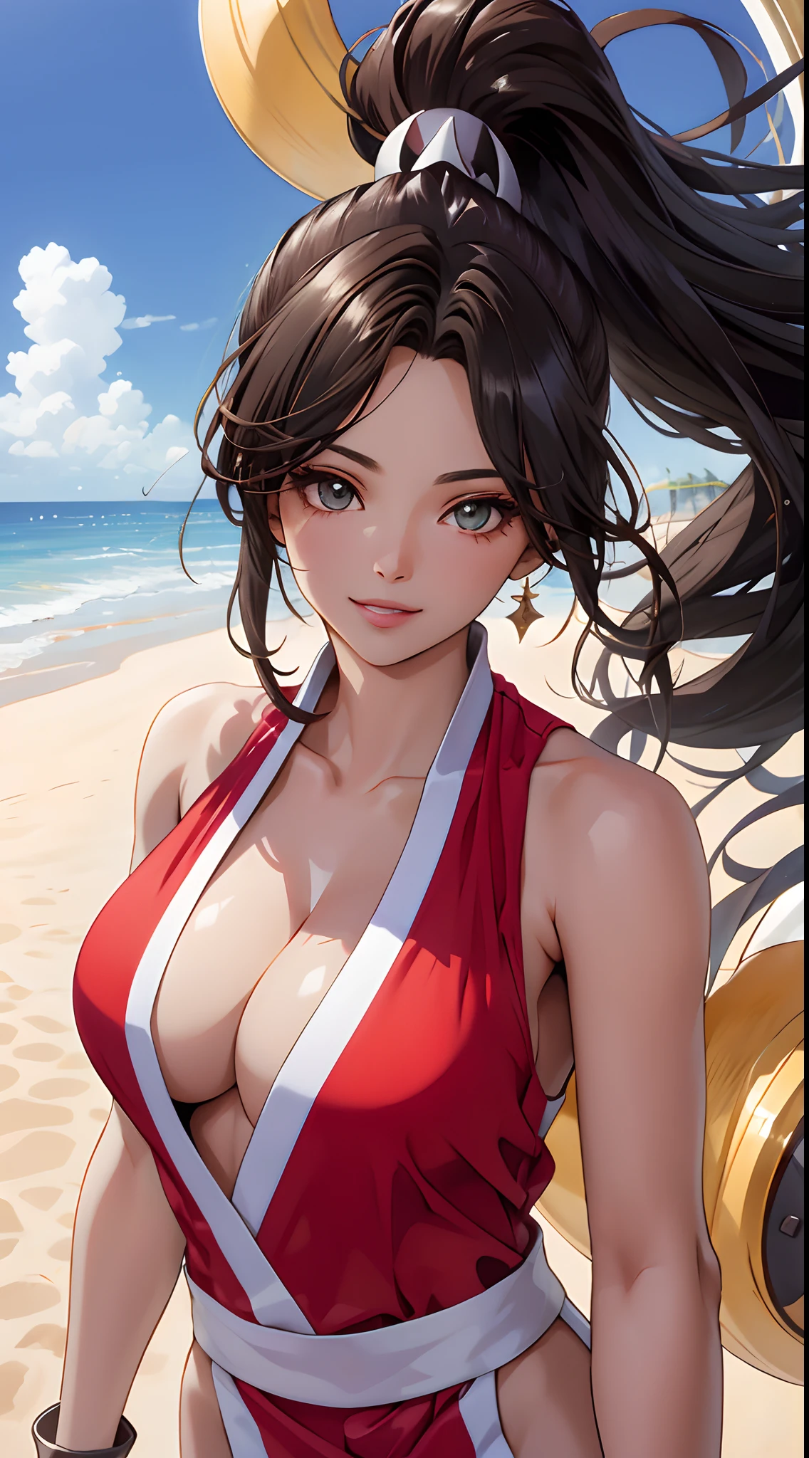 ( Best quality, tmasterpiece:1.5), (Photo above the chest:1.5),Kizi, Beautiful face, Detailed eyes,light in face, mini-skirts,ssmile,(cleavage:1.5)long whitr hair,Black color hair,The shoulder straps slip off,(Bigchest:1.5)(cleavage:1.5),perfect body figure,looking at viewert,(sea beach,outside,Ultra-detailed background:1.2)