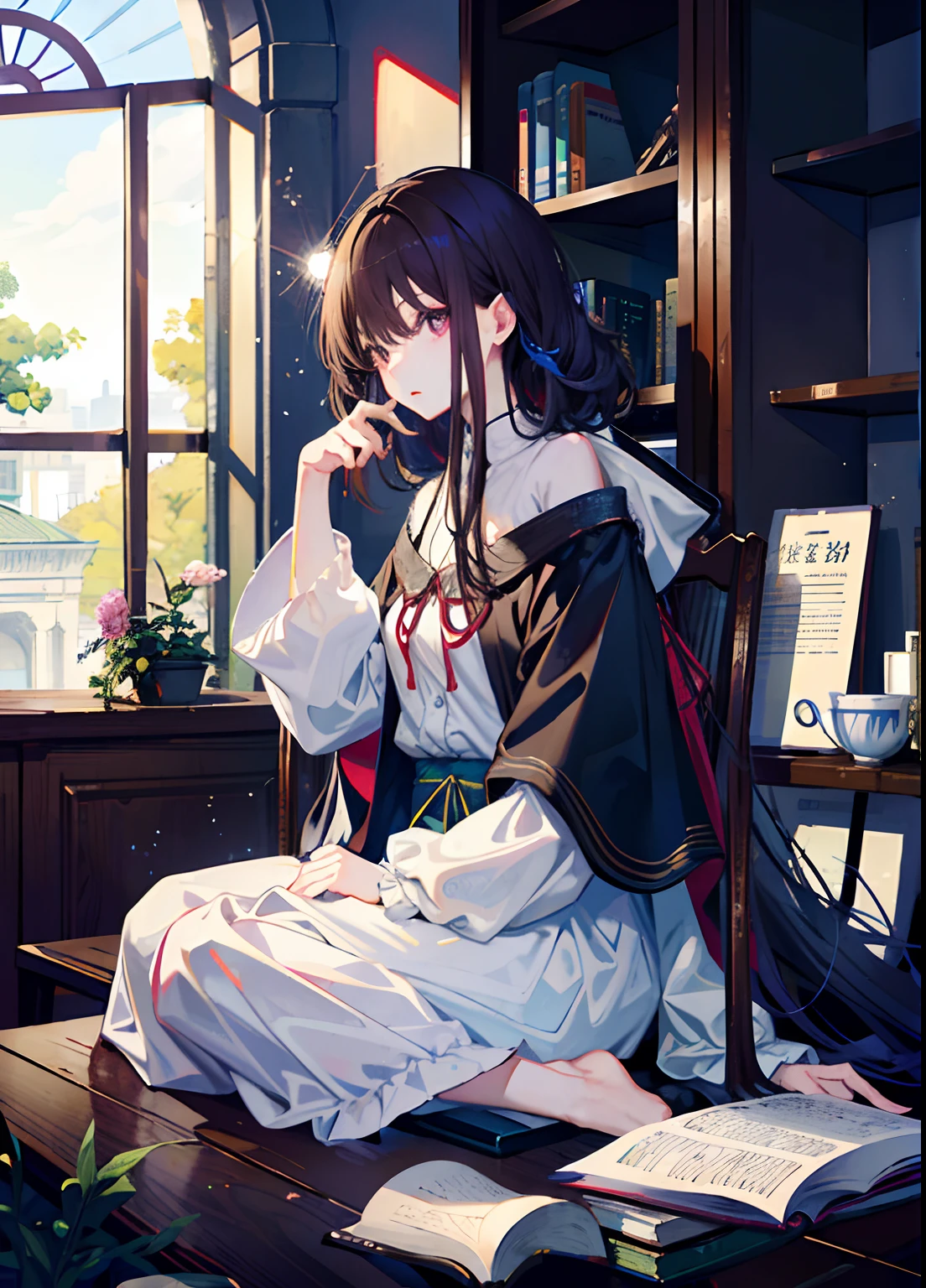 1. The character:Zhixia sat in the quiet library,Look intently at the book,Big wavy curls of dark brown hang lightly over your shoulders,She turned slightly sideways,Fingers gently turn the pages,The gaze reveals a thirst for knowledge and an interest in exploration。