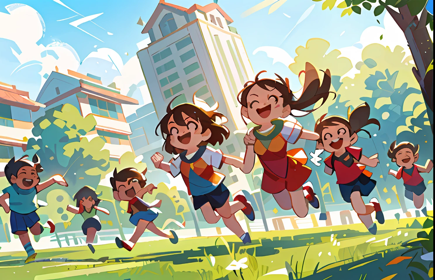 Several people ran on the grass,In the background is a building, is playing happily, cheerful big breasts, inspired by Ding Yunpeng, Masterpiece!, Correr libremente, Kids playing, running towards camera, joyous, a long-shot, um dia ensolarado, Very excited, wonderful masterpiece, running towards camera