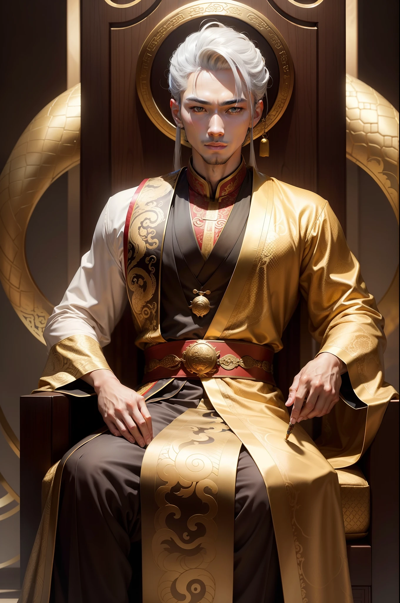 A golden snake essence avatar with excellent picture quality,Dressed in a Chinese-style robe,There are snake prints on the robe。Robust 30-year-old male,Height 183,short detailed hair,Tie-up your hair like ancient Chinese men,Sharp eyes and gorgeous costumes。Inspired by ancient Chinese emperors,His appearance is handsome,Silver hair,The vertical pupils are golden,sitting on an royal throne。In his left hand is a wine lord,In his right hand he holds a sword that radiates mana,The surrounding objects are inspired by ancient China