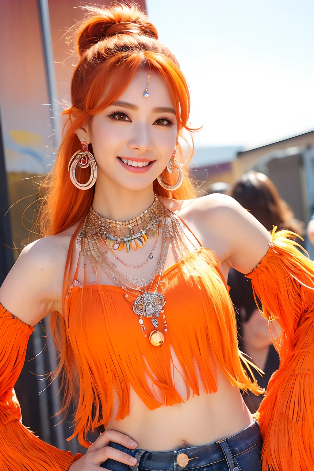 (extra detailed body、extra detailed face、best qualtiy:1.2)、femele、looking at the viewers、(Orange hair、Flashy clothes、13years、a smile、Feather piercings down to the bottom of the shoulder、hippy、hair adornments、Fancy Necklaces、Bell Bottom Pants)、(Woodstock:1.4)