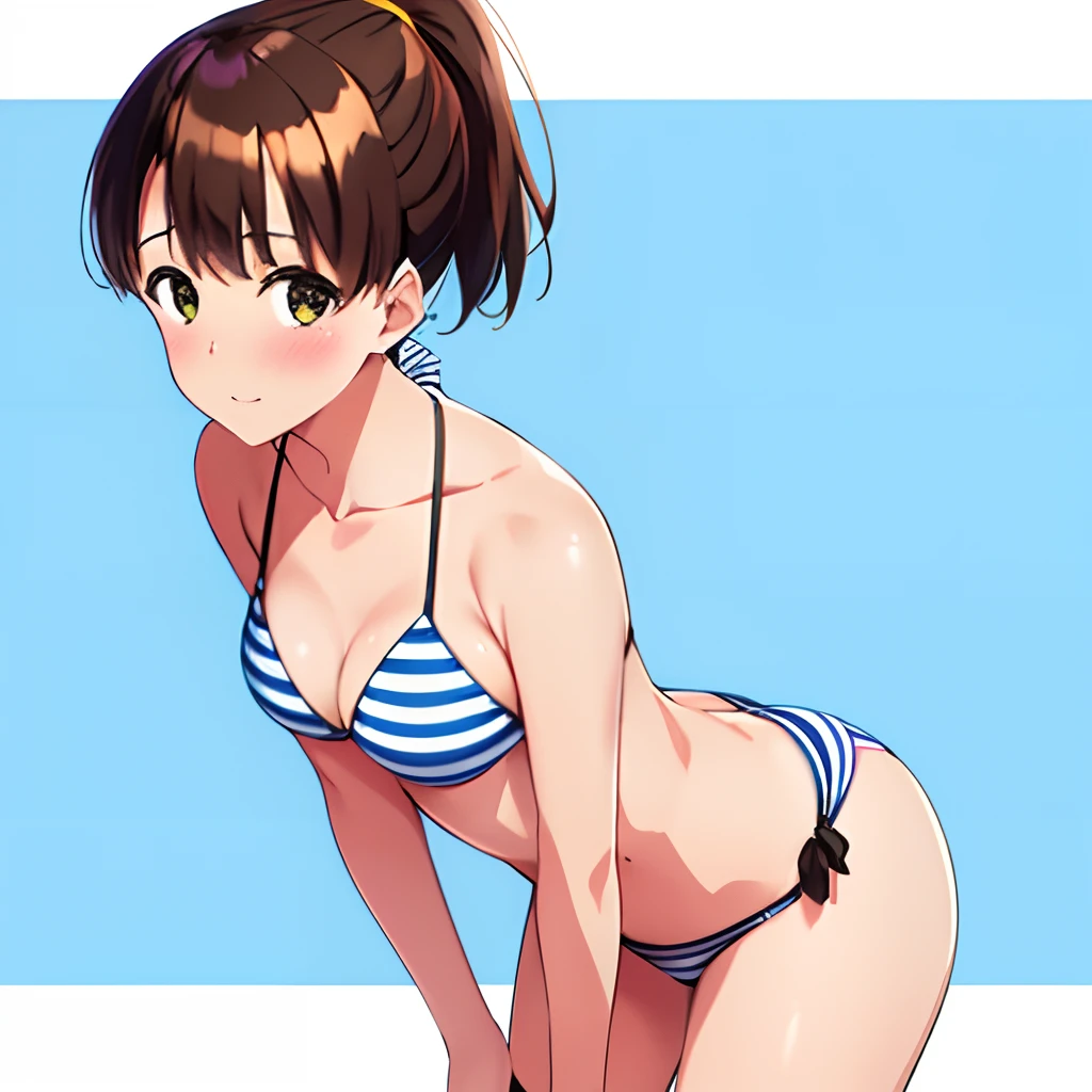 masterpiece, best quality, 1girl, short hair, brown hair, ponytail, striped bikini, katou megumi, beach,