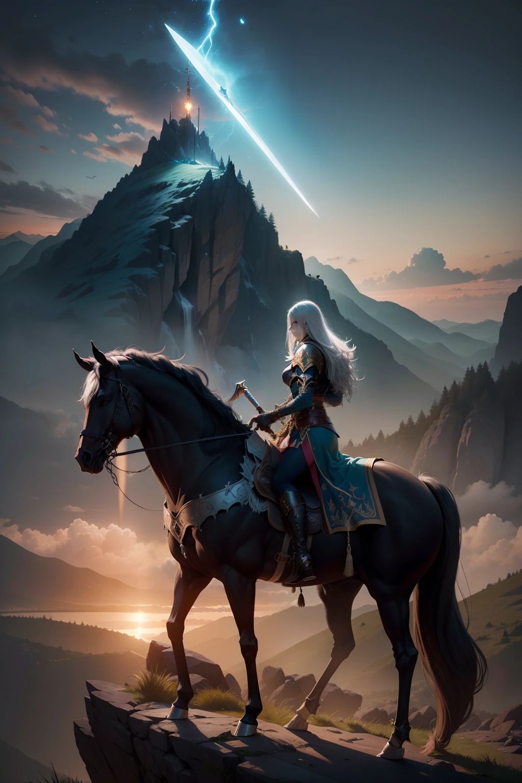 Uma cavaleira, retirando uma espada da pedra, The sword is on a mountain, removeu a espada na pedra numa noite de lua cheia. Foto utra realista, qualidade 8k, fullhd