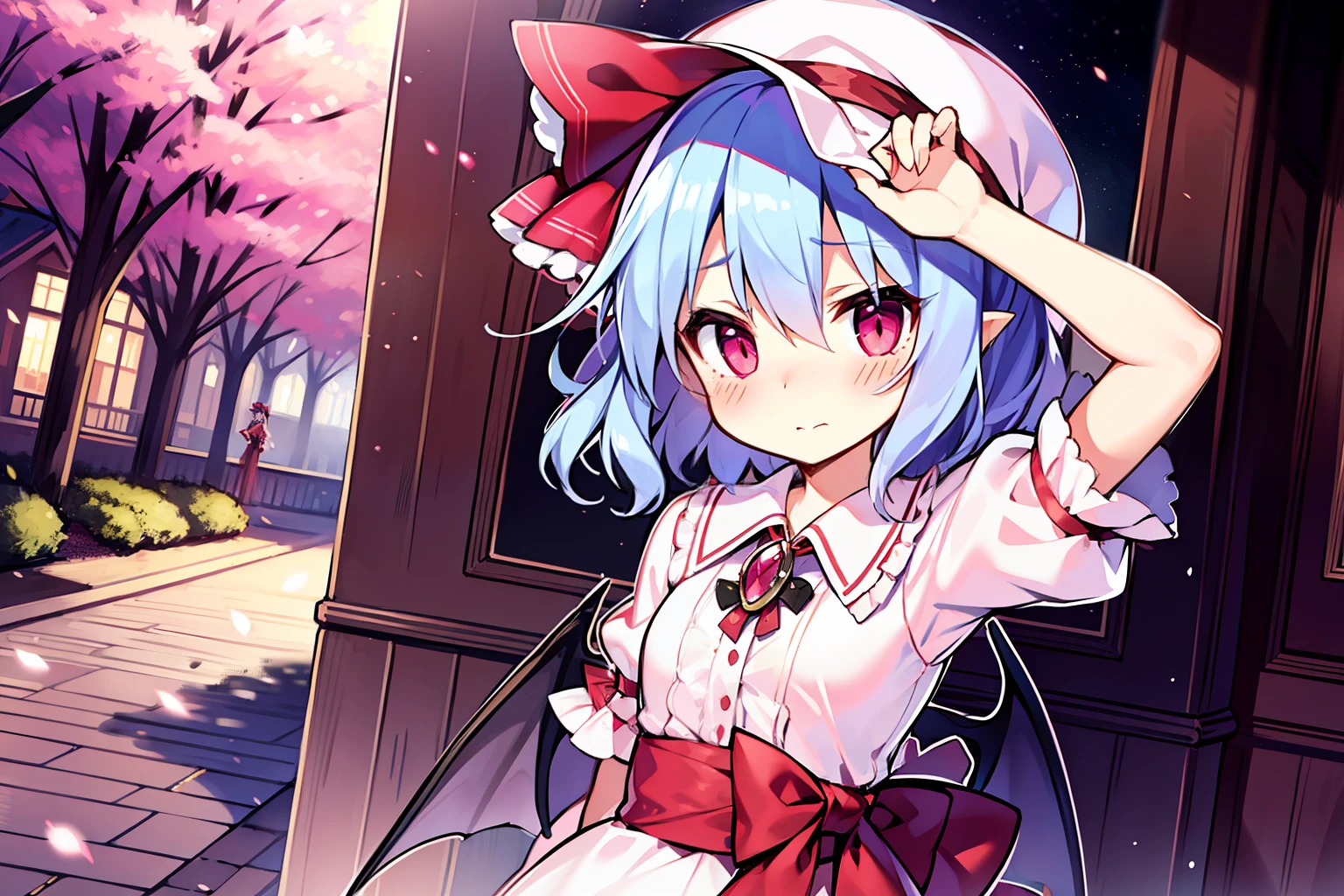 remilia scarlet, pink headwear,Dress,embarrassed、Dress style shirt with sleeves、close range