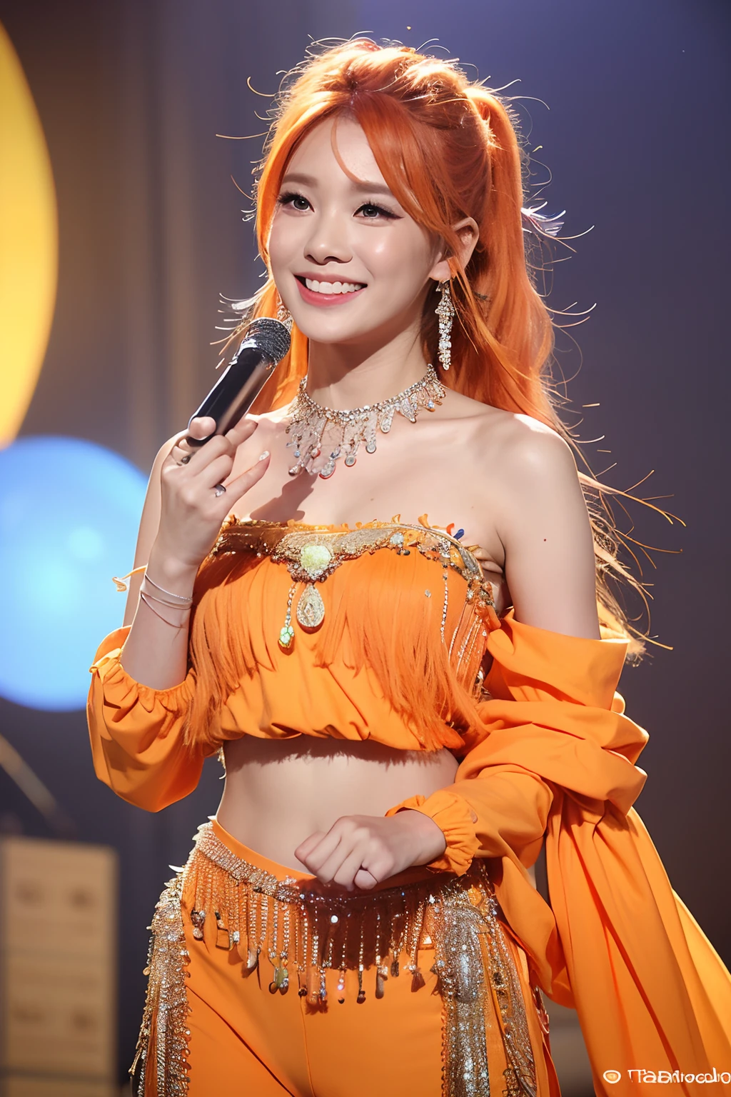 (extra detailed body、extra detailed face、best qualtiy:1.2)、femele、looking at the viewers、(Orange hair、Flashy clothes、13years、a smile、Feather piercings down to the bottom of the shoulder、hippy、hair adornments、Fancy Necklaces、Bell Bottom Pants)、(Woodstock:1.4)