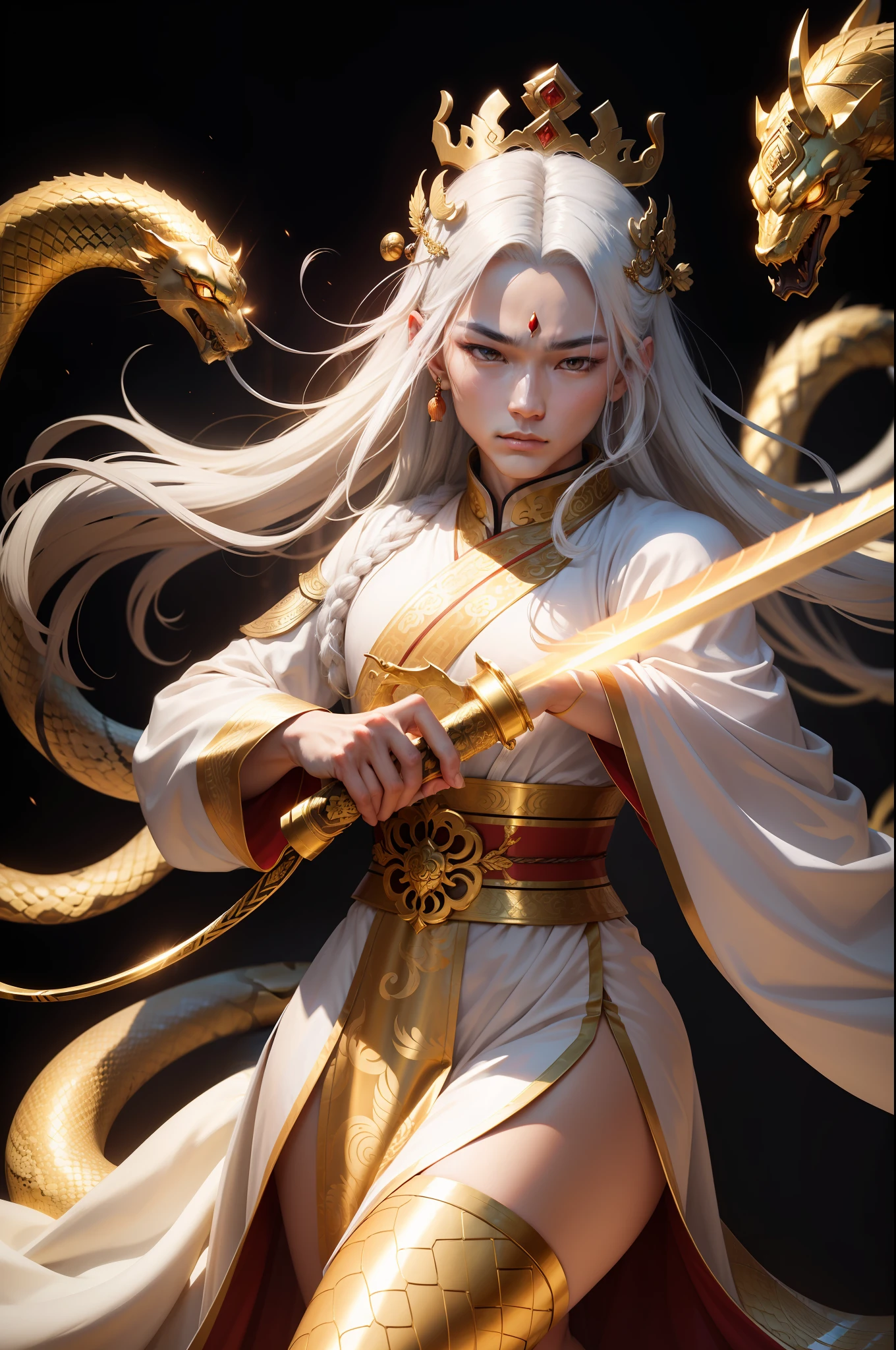 Excellent image quality, Golden snake spirit incarnation, Force and magic coexist, Holding a sword that emits golden light, Height 183, robust, Wearing a Chinese-style robe, There are snake prints on the robe, Bunched hair, Crown on head, The whole person is mighty and domineering, The eyes are sharp, ornate garment, Inspired by ancient Chinese emperors, Handsome looking, Silver-white hair, Golden vertical pupils.