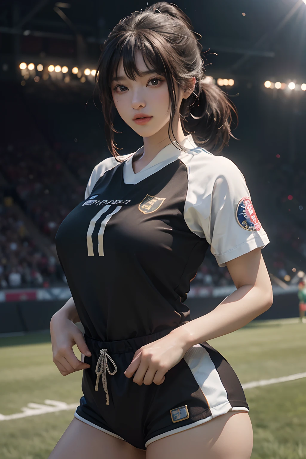 (RAW Photography、4k、masterpiece、hight resolution、very intricate)(realisitic:1.4)、Movie lighting Delicate girl with facial features
1 girl、28 only、single focus、Summer noon、hot、1990's\(styles\)、Muscle whitening、(huge tit、cleavage of the breast)、(top-quality)、(Hi-Res)、(extremely delicate and beautiful)、、(Beautiful 8k face)、(brown-eyed)、(poneyTail)、(ulzzang-6500:1.0)、(独奏)、(Watching side)、(audience)、(huge tit)、(FIFA)、Shoot、、Lookside、(the front)、、(Soccer Sportswear)、((play soccer))、((Turf ground))、((speedo))、(现实)、