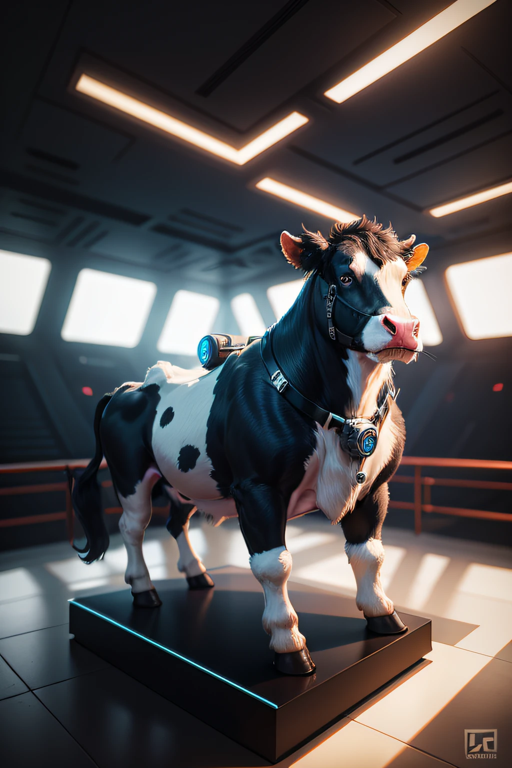 Animal cow in a fantastic space setting in the style of abstract technology Gamercore