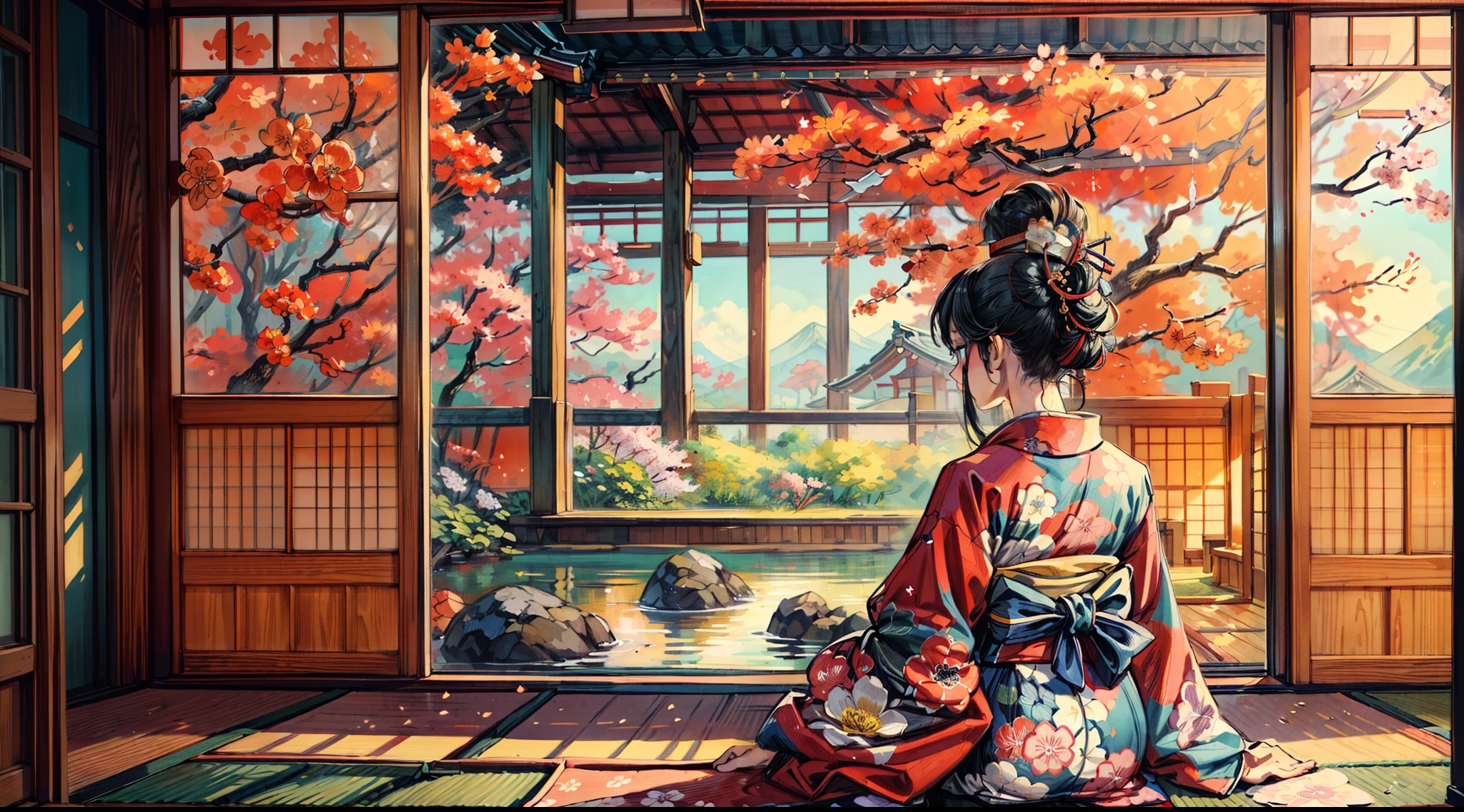 "(A stunning masterpiece with impeccable quality:1.5), captured from a front side view, featuring vibrant and saturated colors, a breathtakingly beautiful girl with black hair and exquisitely detailed face, viewed from a bottom-up perspective, dressed in a traditional kimono, set in the scenic beauty of Japan, surrounded by the authentic ambiance of tatami mats, with an open window framing the scene."