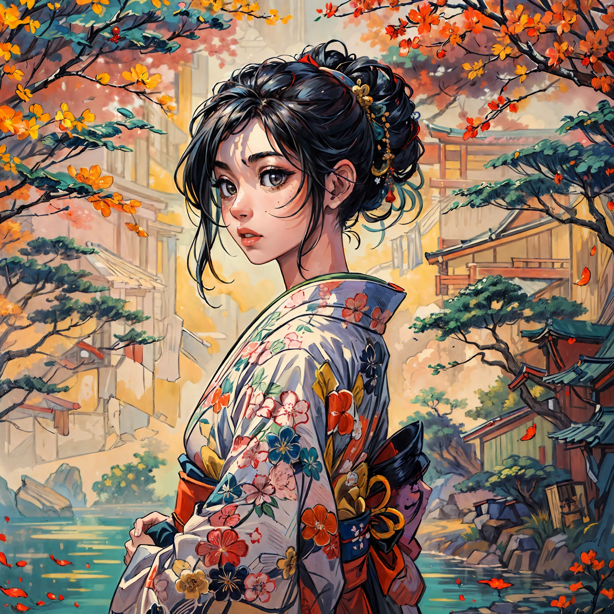 "(A stunning masterpiece with impeccable quality:1.5), captured from a front side view, featuring vibrant and saturated colors, a breathtakingly beautiful girl with black hair and exquisitely detailed face, viewed from a bottom-up perspective, dressed in a traditional kimono, set in the scenic beauty of Japan, surrounded by the authentic ambiance of tatami mats, with an open window framing the scene."