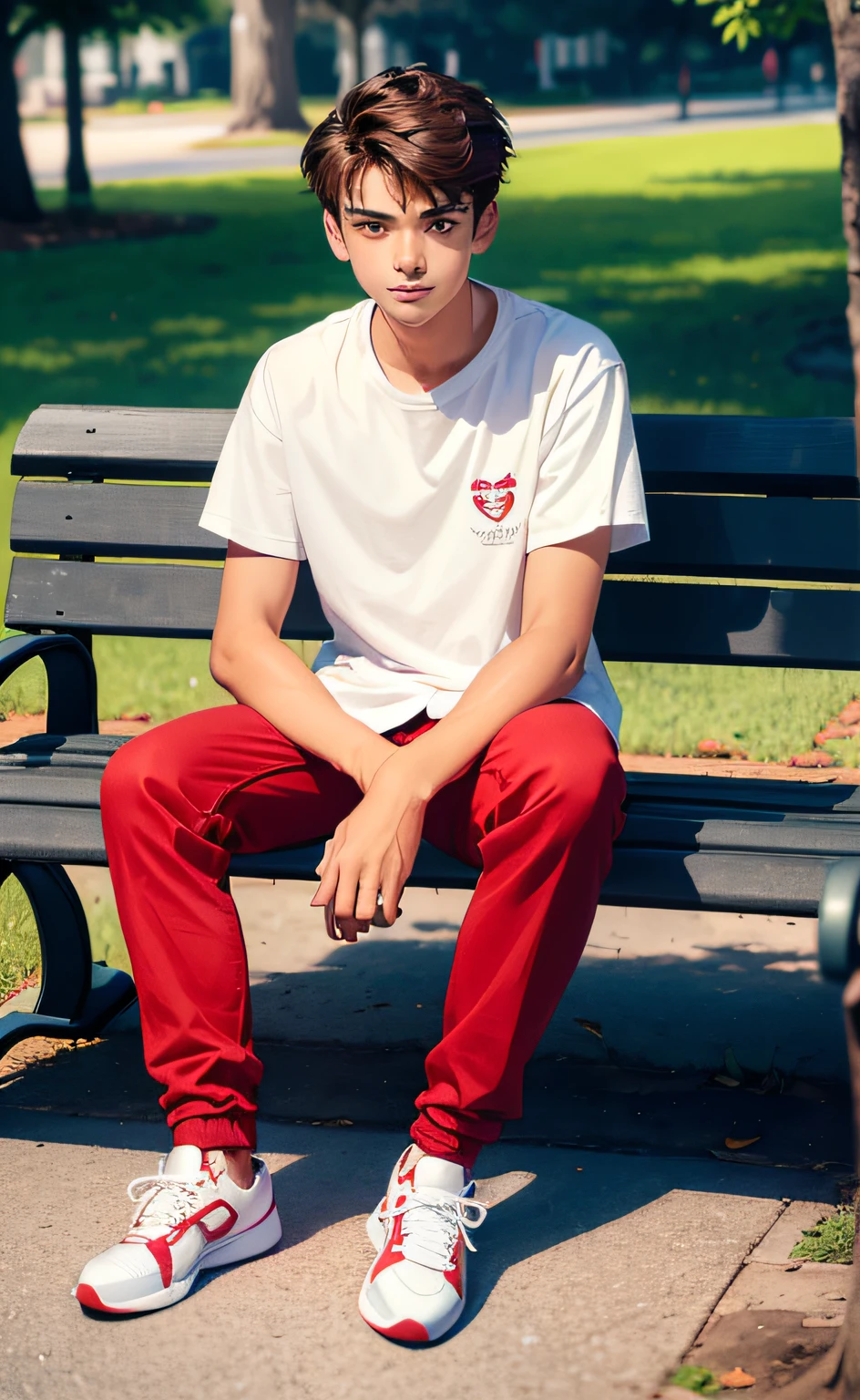 (Handsome 18 year old boy sitting on a park bench:1.3)，whitet-shirt，(red pants:1.2)，(Red and white sneakers:1.1)