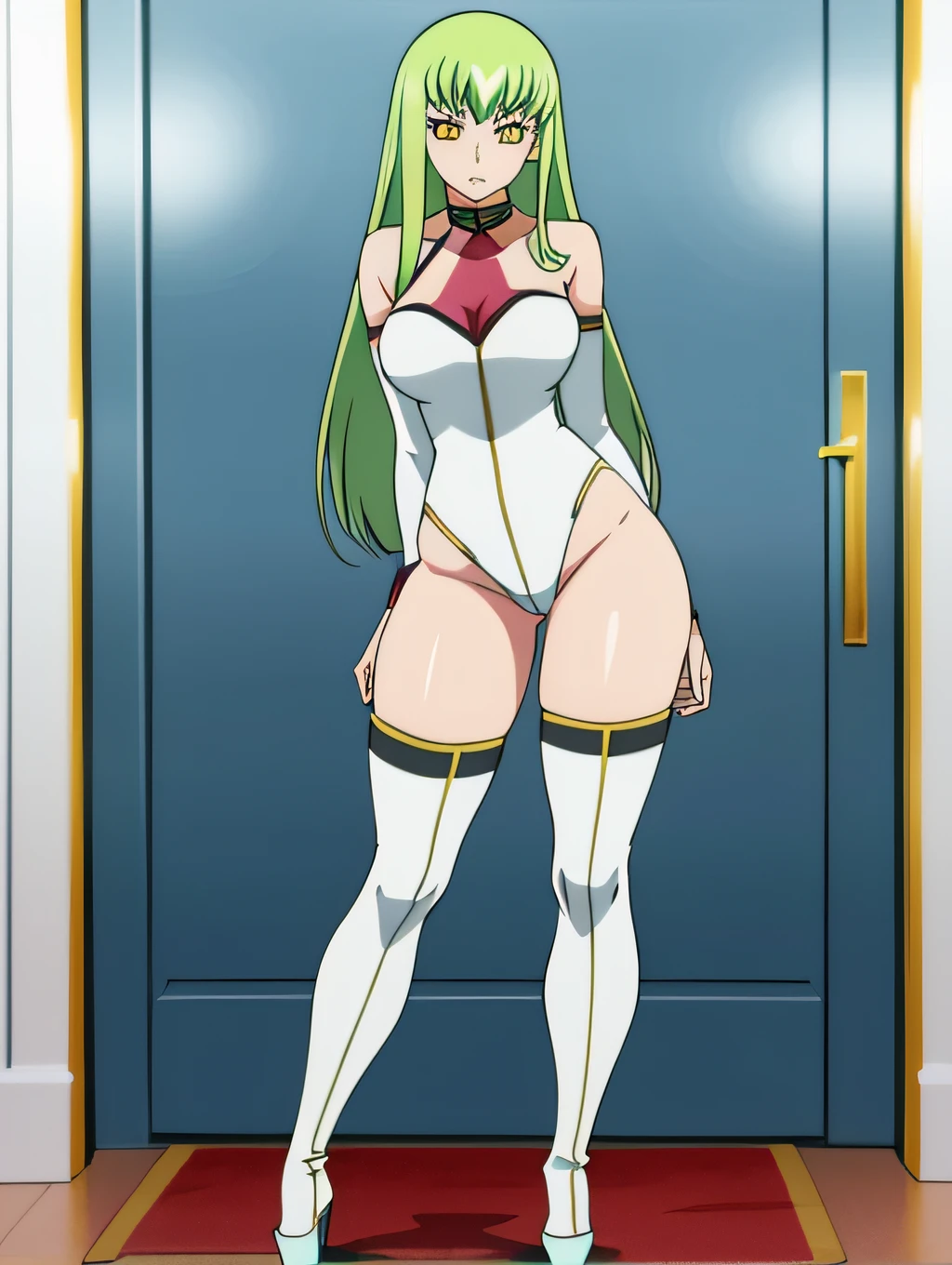 codeGeass c.c., 1girl, thick ass, boots, green hair, high heels, long hair, thigh boots, yellow eyes, tight white outfit, thick thighs, revealing bubble butt, revealing, pretty face, tight outfit, standing in front of me