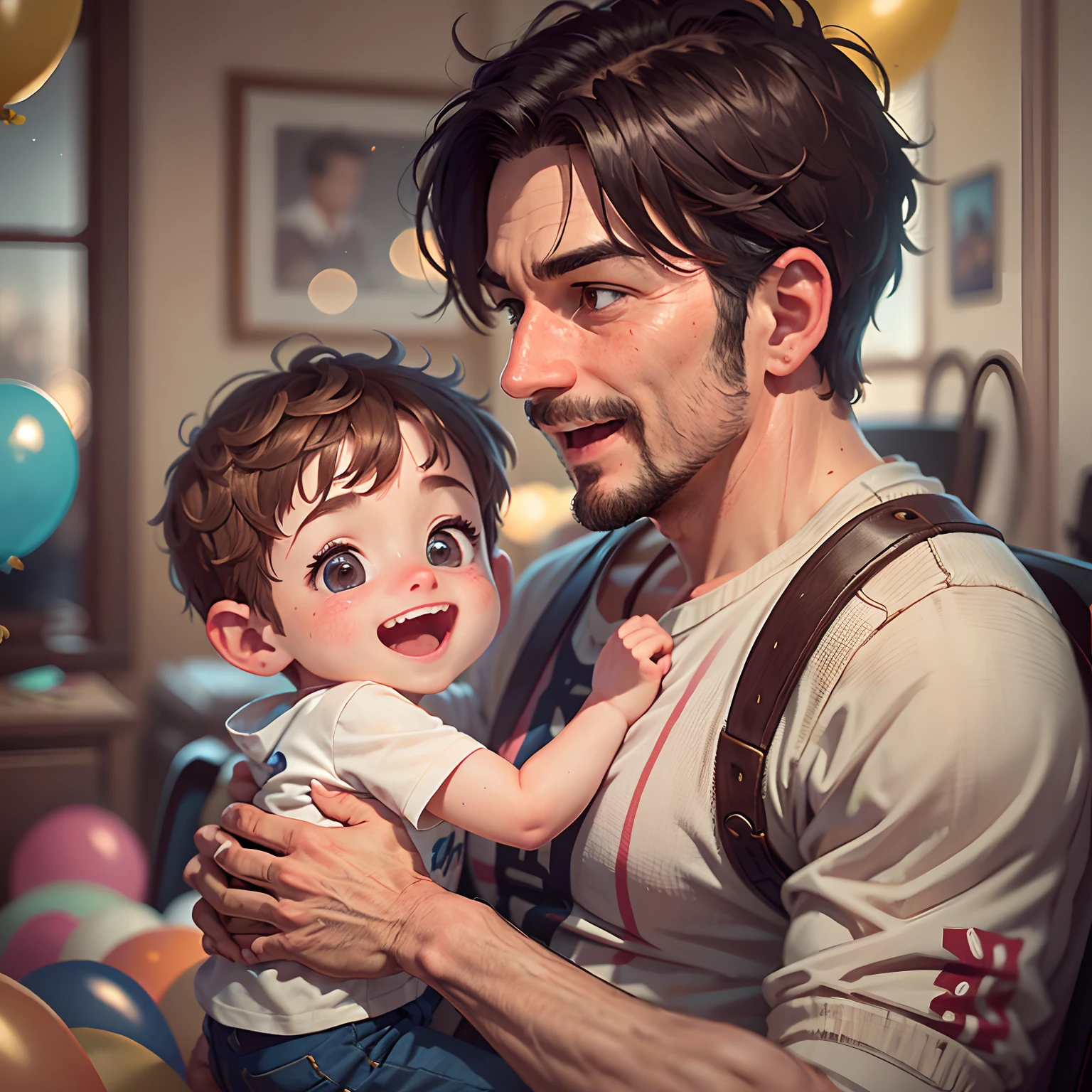 A father and son, father owes son's hand, Many balloons, happy, happy, perfect quality, clear focus (clutter - home: 0.8), (masterpiece: 1.2) (Realistic: 1.2) (Bokeh) (Best quality) (Detailed skin: 1.3) (Intricate details) (8K) (Detail Eyes) (Sharp Focus), (Happy)