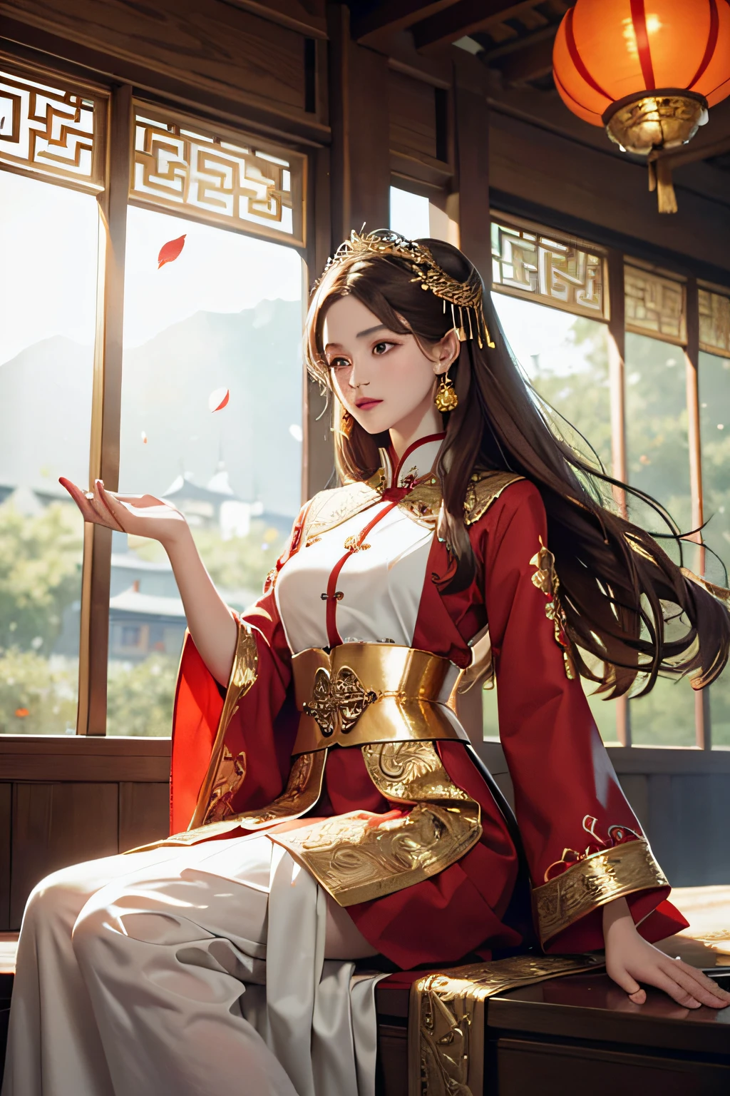 best quality, masterpiece, highres, (exquisite body:1.5),gorgeous face,(milky skin:1.3),intricate details,high resolution,wallpaper,
1girl, solo, dress, hair ornament, (((gold and red dress))), flowers, long hair, brown hair, closed mouth, jewelry, long sleeves, hand up, wide sleeves, big eyes,floating hair, chinese clothes, hanfu, embroidery, long skirt, natural pose, falling petals, indoor,fanning, lantern,
16K,HDR,highres,depth field,(film grain:1.1),boken,golden hour,(lens flare),vignette,rainbowing,(color grading:1.5)