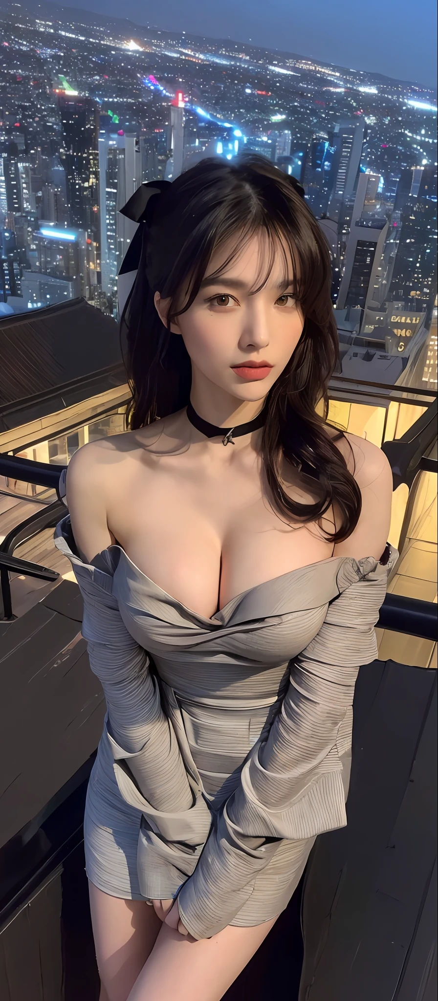 ((Midnight, Best quality, 8k, Masterpiece :1.3)), Sharp focus, face close up :1.2, A pretty woman with perfect figure :1.4, Slender abs :1.1, ((black wavy hair, hair ribbon, Big breasts :1.2)), (Off the Shoulder dress, Standing:1.2), ((Night city view, Rooftop:1.3)), Highly detailed face and skin texture, Detailed eyes, Double eyelid