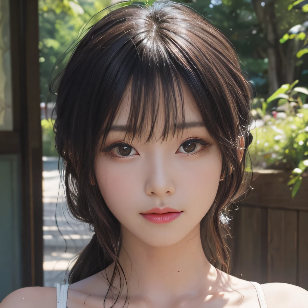 top-quality、masterpiece、超A high resolution、(Photorealsitic:1.4)、Raw photo、1人、Clean face、A detailed face、Dark hair、glowy skin、Wet body、Dramatic Writing、(full body Esbian)、Cute 20 year old woman、FULL BODYSHOT、in a outdoor cafe in 2015、Afternoon light、(Masterpiece Portrait Beautiful Girl Galaxy Goddess)、,A slight smil,Sweaty skin、Sweaty and glowing body,
