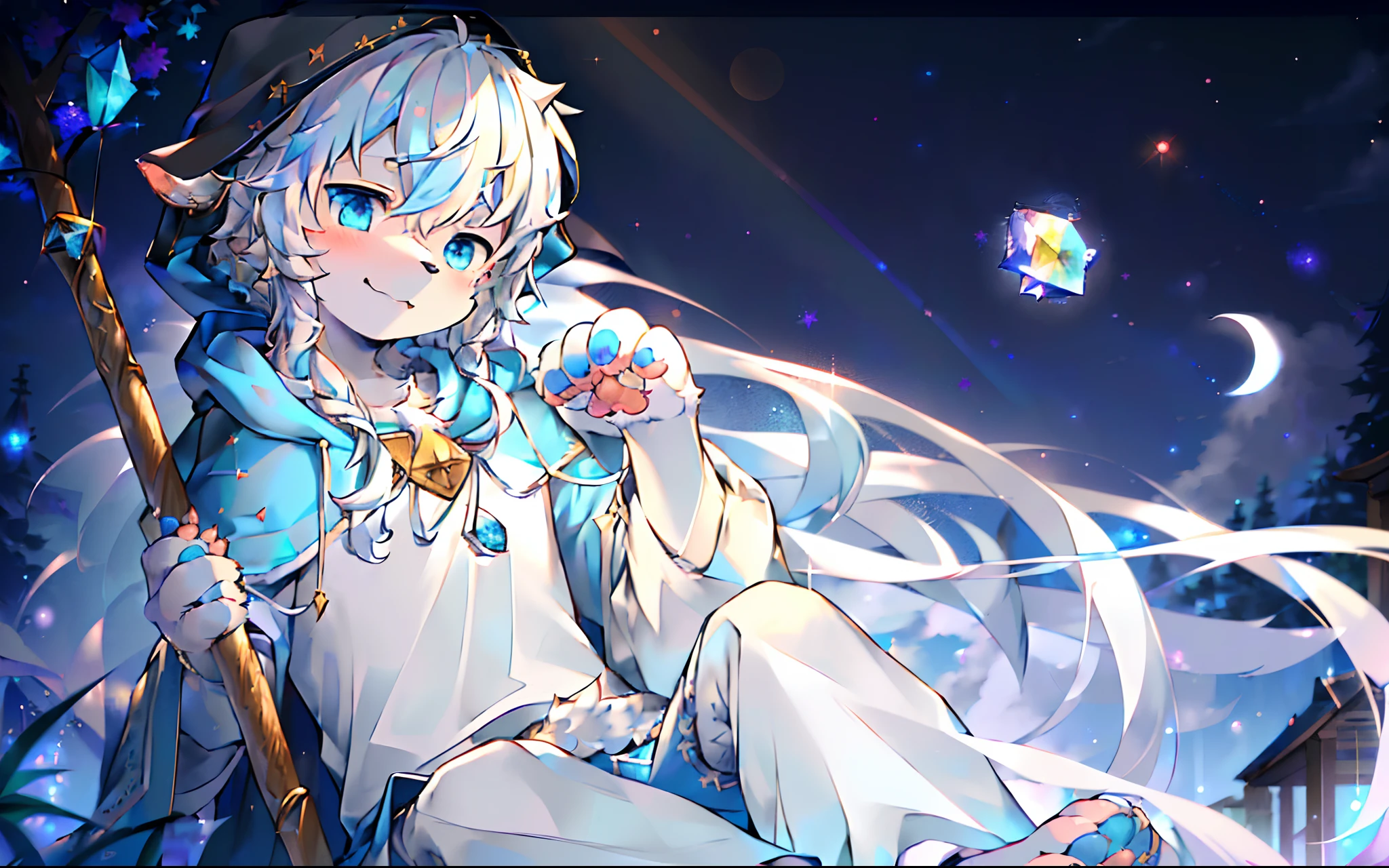 (masterpiece:1.3), (2D:1.0), (anime:1.0), (illustration:1.0), (sharp:1.2),
(hard light:1.0), (shadow:1.0),(reflection, refraction:0.8), (light rays, dappled light, light glare, lens flare, Tyndall effect:1.0),
(clear, shiny:1.0),
(best quality:1.2), (ultra-detailed:1.0), (extremely intricate:1.0),
(blurry foreground,cinematic light,ray tracing:1.1),
(bright_colors,dark_intense_shadows:1.3),
(impasto,outline,colorful:1.3),
(blurry,bloom, overexporsure:1.0),
(warm_light_from_below,glow_white_particles:1.2),
(granblue_fantasy_\(style\):1.1).
(young_male,bishounen,11_years_old:1.5),1boy,cub,anthro,uploaded_on_e621,wolf_boy,furry_kemono,furry_male,(detailed_fluffy_fur,tuft,white_fur,body_fur:1.5),(fluffy_big_tail:1.3),animal_nose,animal_ear_fluff,wolf_ears,(fluffy_wolf_paws,pawpads,animal_hand:1.3),kawaii,cute,fancy,fragile,oil,handsome,solo,(upper_body,cowbow_shot:1.3),male_focus,blue_clothes,(hooded_cloak,hood_up:1.5),male_short_hair,white_hair,blue_eyes,one_eye_closed,bangs,closed_mouth,smile,light_blush,hands_up,holding_star,bottomless,(knees_together_feet_apart,sitting:1.2),looking_at_viewer.
(night,starry_sky,crescent_moon,star_\(sky\),gem,plant, star_\(symbol\),sparkle),outdoors, scenery.