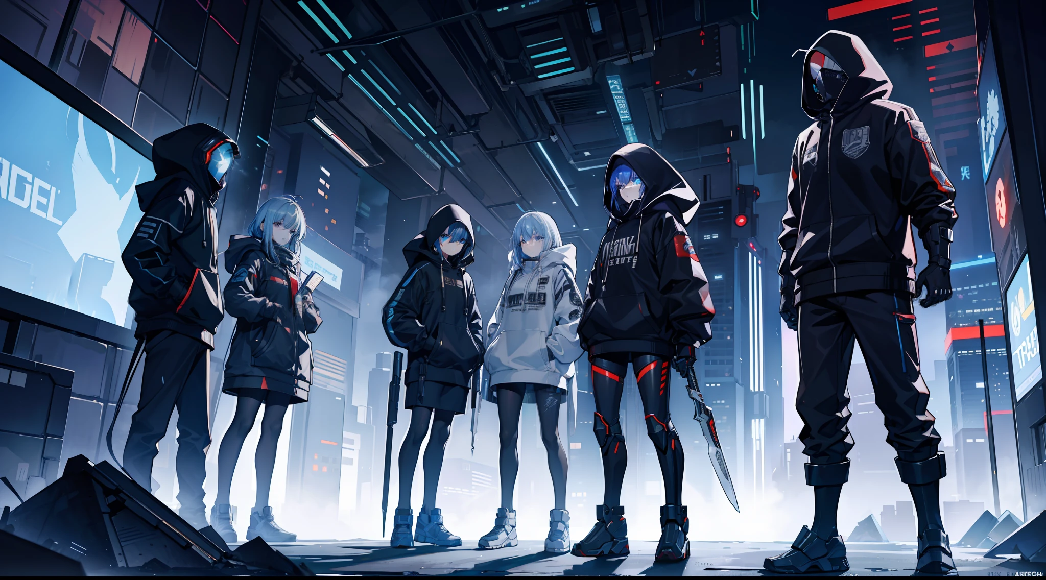 mechs，face guard，Hooded sweatshirt，Long knives，with light glowing，metalictexture，Rich in detail，City of Steel，cyber punk perssonage，Alien flying insects，Stumps，terroral，Interstellar battlefield