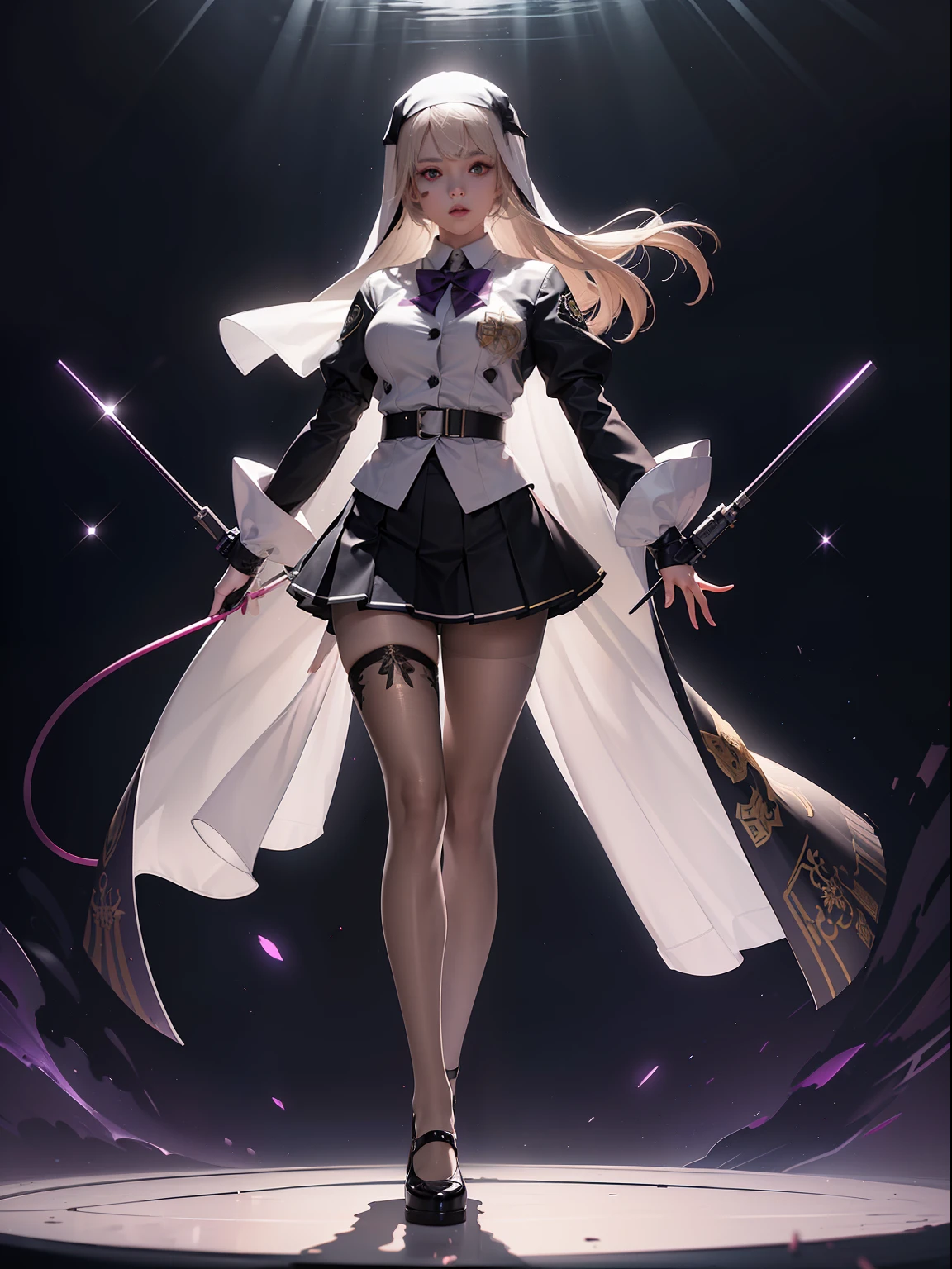 (full body:1.5)，(1girl:1.3),(looking at viewer:1.4)，(anatomy correct:1.3)，(In the paradise of the day:1.3),(Wearing Very thick Printed Pantyhose and Nun suit Set JK uniform printed Ultra short pleated skirt and JK uniform leather shoes with bow decoration :1.3), (A high jump posture:1.3),(In pink|amarelo|blue colors|green color|red colour|white colors|black in color|purpleish color|greys|Beige|Flesh color 1.4)，(Glowing eyes:1.3),(Accurate and perfect face:1.4),(Clothing Gloss:1.25),(Skin reflection:1.25),hyper HD, Ray traching, reflective light，structurally correct, Award-Awarded, high detal, lightand shade contrast, Face lighting，cinmatic lighting, tmasterpiece, super detailing, high high quality, high detal, best qualityer, 16k，high contrast,