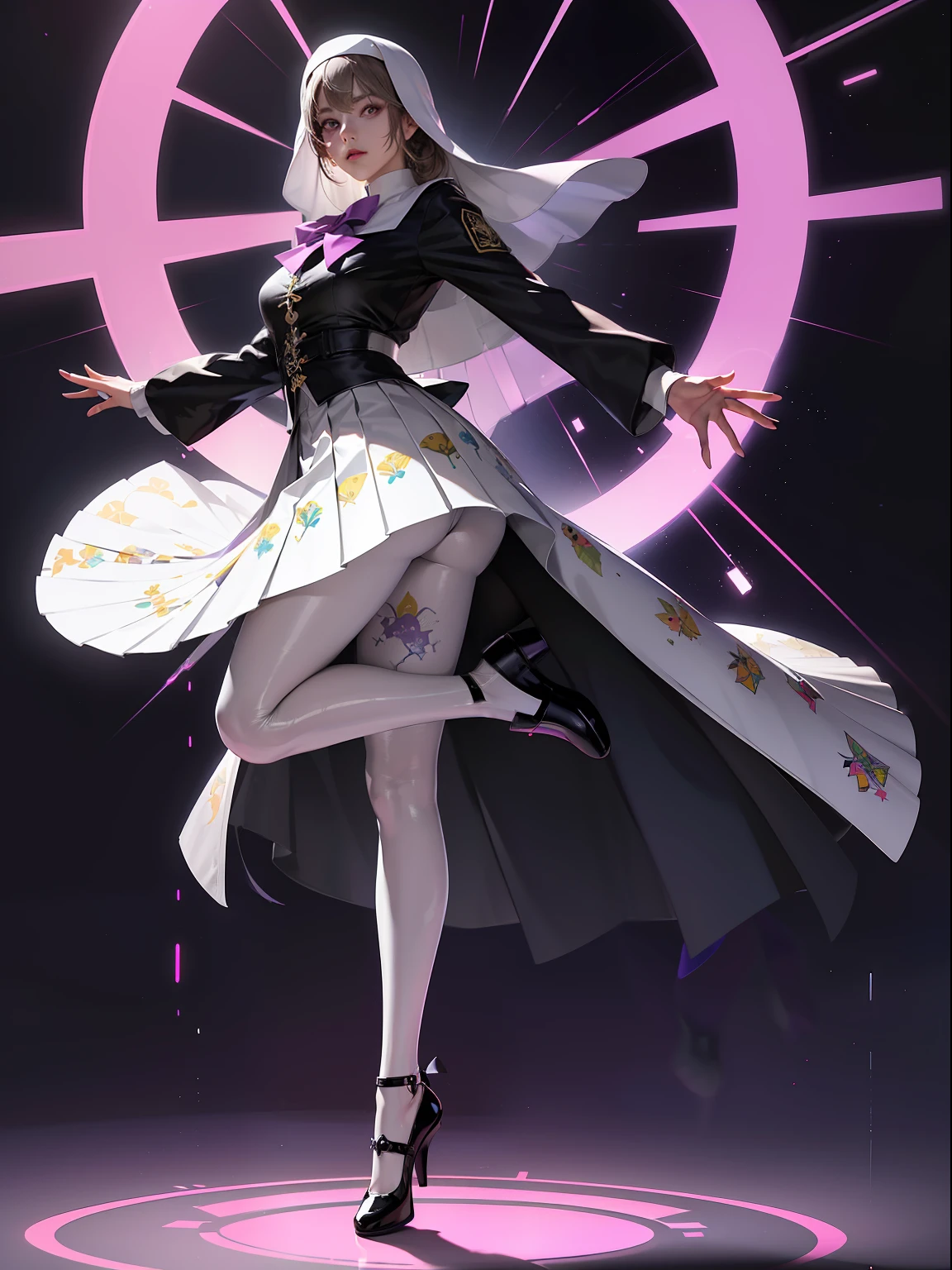 (full body:1.5),(1girl:1.3),(looking at viewer:1.4),(anatomy correct:1.3),(In the paradise of the day:1.3),(Wearing Very thick Printed Pantyhose and Nun suit Set JK uniform printed Ultra short pleated skirt and JK uniform leather shoes with bow decoration :1.3), (A high jump posture:1.3),(In pink|amarelo|blue colors|green color|red colour|white colors|black in color|purpleish color|greys|Beige|Flesh color 1.4),(Glowing eyes:1.3),(Accurate and perfect face:1.4),(Clothing Gloss:1.25),(Skin reflection:1.25),hyper HD, Ray traching, reflective light,structurally correct, Award-Awarded, high detal, lightand shade contrast, Face lighting,cinmatic lighting, tmasterpiece, super detailing, high high quality, high detal, best qualityer, 16k,high contrast,