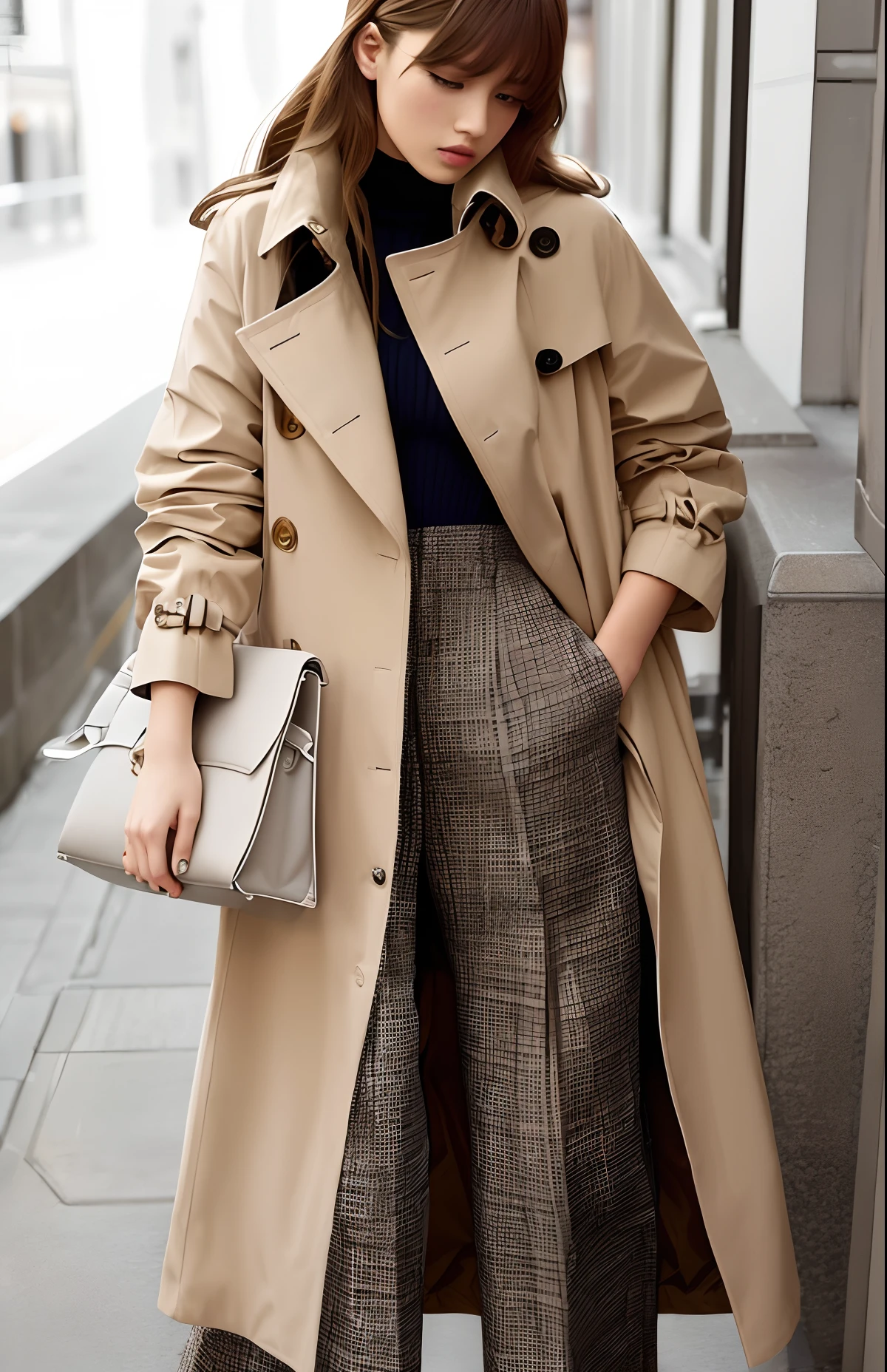 À la Fed image of woman in trench coat and pants, trench coat, trench coat, Trench coats and suits, Light Brown Trench Coat, nffsw, Wearing a long trench coat in beige, Woman in trench coat, cover shot, Jil Sander Official Editorial, On the web, official dior editorial, caramel, Wearing a trench coat
