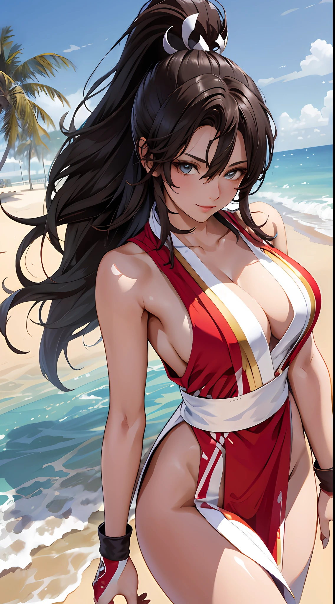 ( Best quality, tmasterpiece:1.5), （Photo above the chest：1.5），Kizi, Beautiful face, Detailed eyes,light in face, mini-skirts，ssmile，（cleavage：1.5）long whitr hair，Black color hair，The shoulder straps slip off，（Bigchest:1.5）（cleavage:1.5），perfect body figure，looking at viewert，（sea beach，outside，Ultra-detailed background：1.2）