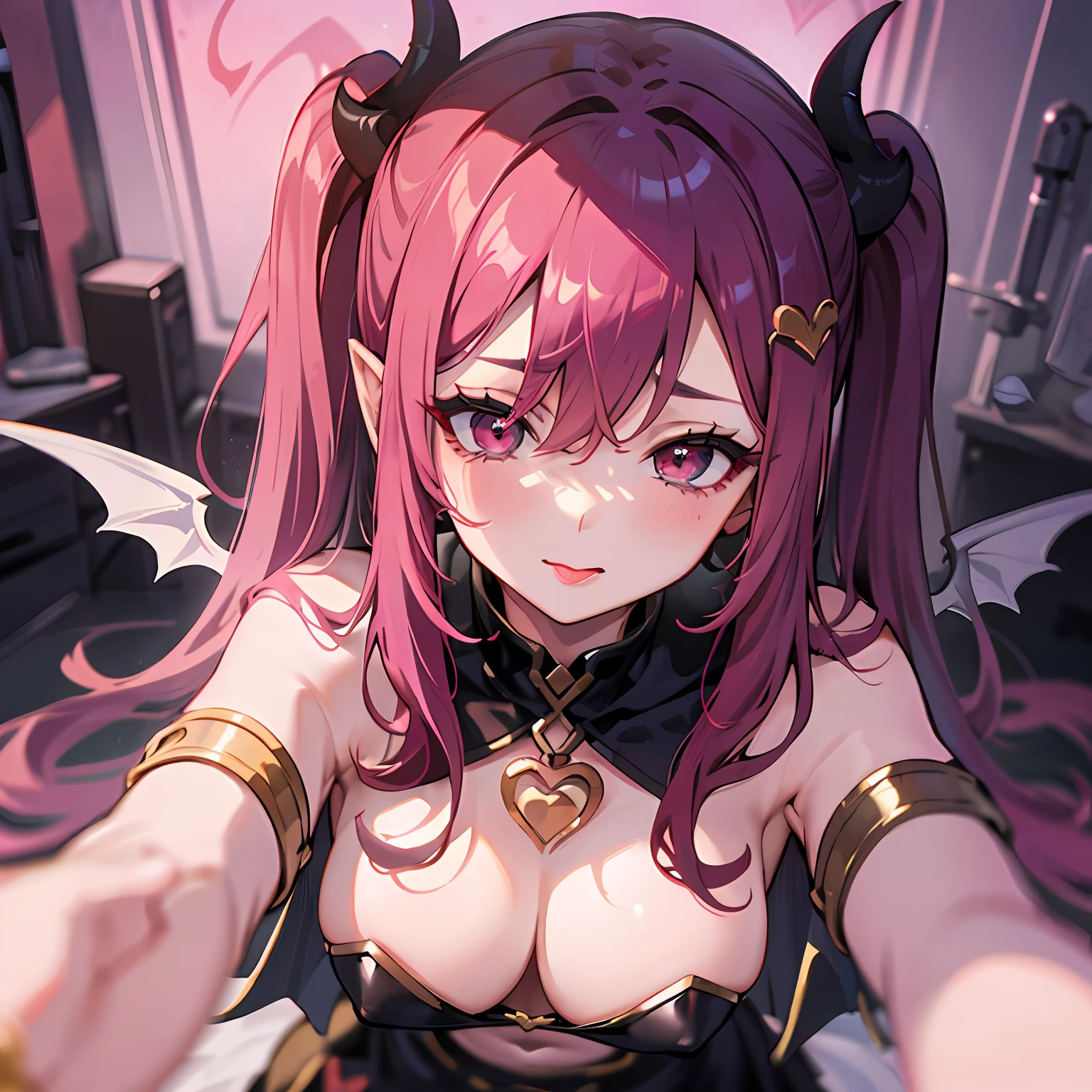 succubi,hair between eye,Redlip,with pink hair。pigtails。mini-skirts。耳Nipple Ring。Demon's wings。the fallen angel。Ouchi Yami。Evil gas,devils。kosmos。themoon。Heart-shaped vacant chest。Heart logo。Blindfolds。with her mouth open。Stick out her tongue。perspired。mouth drool。Lick your fingers。Place your fingers in your 。Kneeling。Cover your eyes with a cloth,Feminine expression,Clothes are soaked