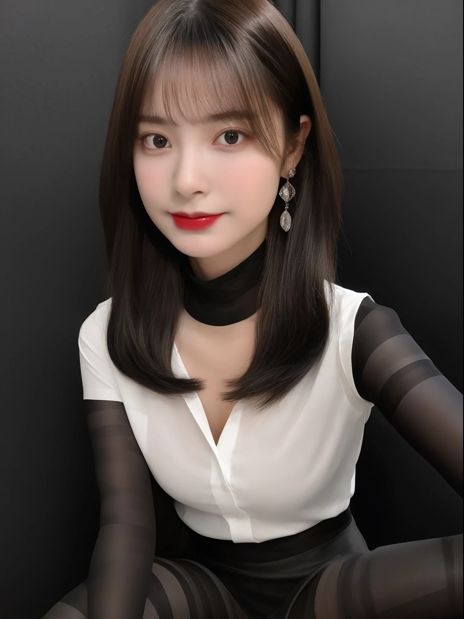 ((Best Quality, 8K, Masterpiece: 1.3)), 1girl, Slim Abs Beauty: 1.3, (Casual hairstyle, Big Breasts: 1.2), Dress: 1.1, Super fine face, Detailed eyes, Double eyelids, smile, Home, Focus, 16k, award-winning photo, extremely detailed, amazing, fine detail, absurd, highly detailed woman, 20 years old, sexy theme, high detail, extremely detailed eyes and face, glare eyes, ((((black pantyhose)))), (short skirt))), realistic, photo of 18 y.o girl in a loose shirt(unbuttoned shirt), half , best quality, big breasts, Bare Shoulders, cleavage, nsfw, [[Hands hidden behind the back]], earrings, Complete shirts, black choker, solo, [sfw],