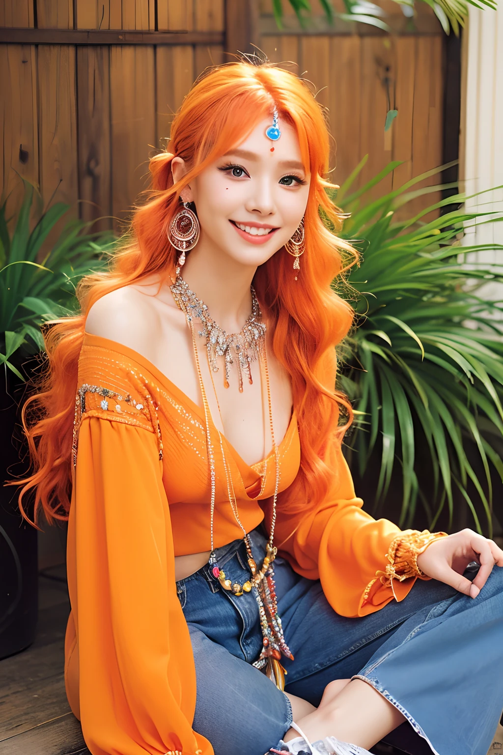 (extra detailed body、extra detailed face、best qualtiy:1.2)、femele、looking at the viewers、(Orange hair、Flashy clothes、12year old、a smile、Feather piercings down to the bottom of the shoulder、hippy、hair adornments、Fancy Necklaces、bell-bottoms)、(Crossroads:1.4)