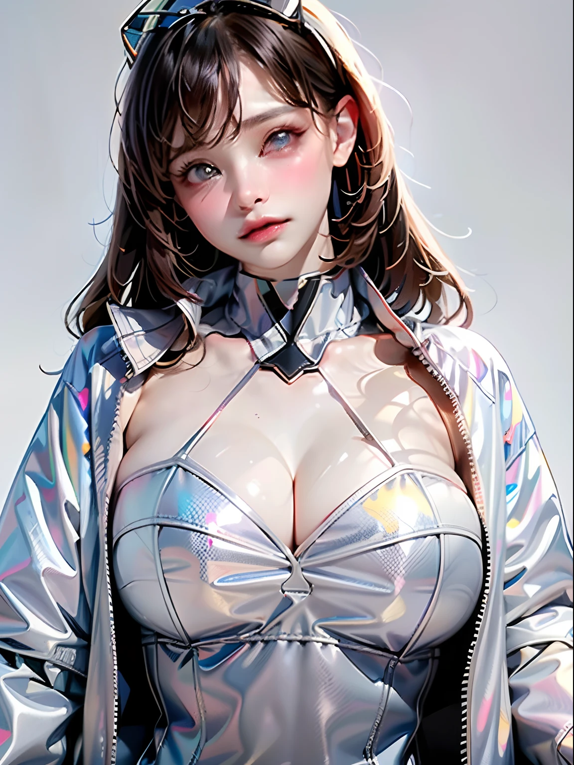 1girl, solo, brown eyes, parted lips, long sleeves,white jacket, simple background, looking at viewer, teeth, jacket, lips, cosplay,huge breast, hands on own breast, breast focus,Breast kneading